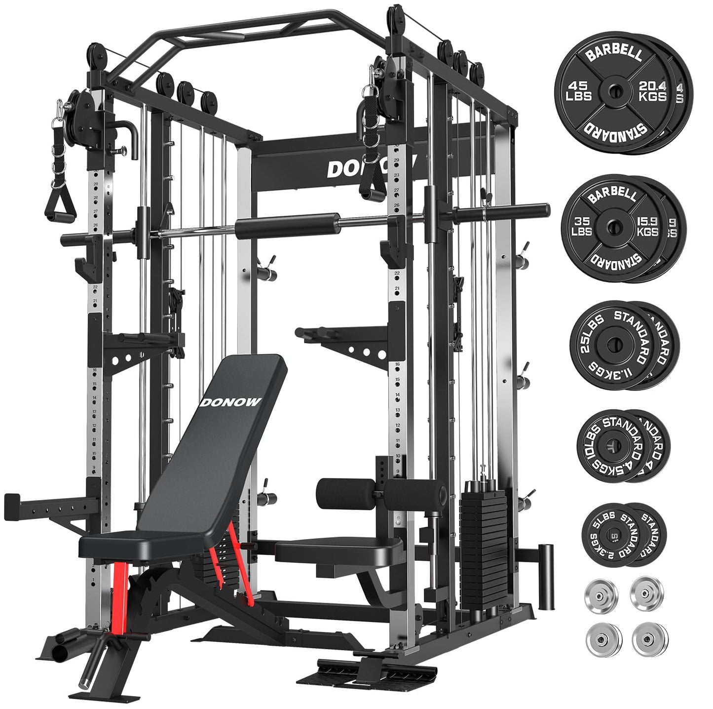 DONOW Smith Machine with Weight Stacks, Heavy Duty Home Gym System Power Cage Cable Crossover Machine Multi-Functional Trainer Ratio 1:1
