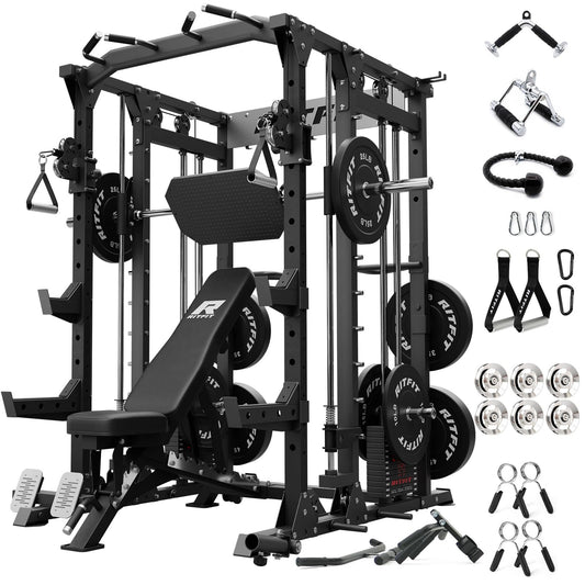 RitFit Buffalo Smith Machine Package, All-in-One Power Cage with Weight Stack , Power Rack with Cable Crossover & Leg Press Attachment for Home Gym(Black,BP260)