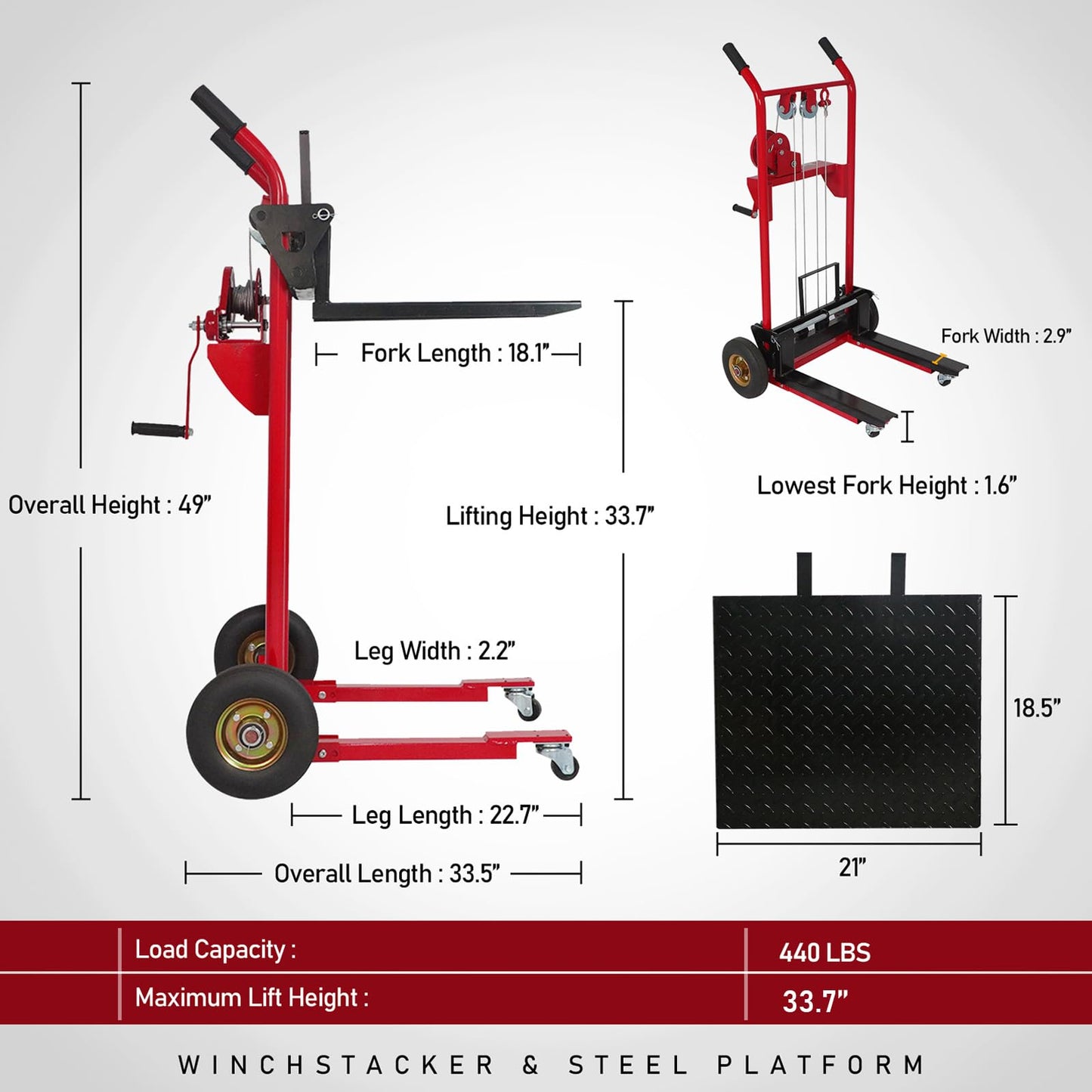 Material Lift Winch Stacker, 440 lbs Capacity Table Cart, 35.4" Lifting Height Manual Forklift Stacker, Pallet Jack Truck Dolly with Swivel Casters and Lift Plate (Red)