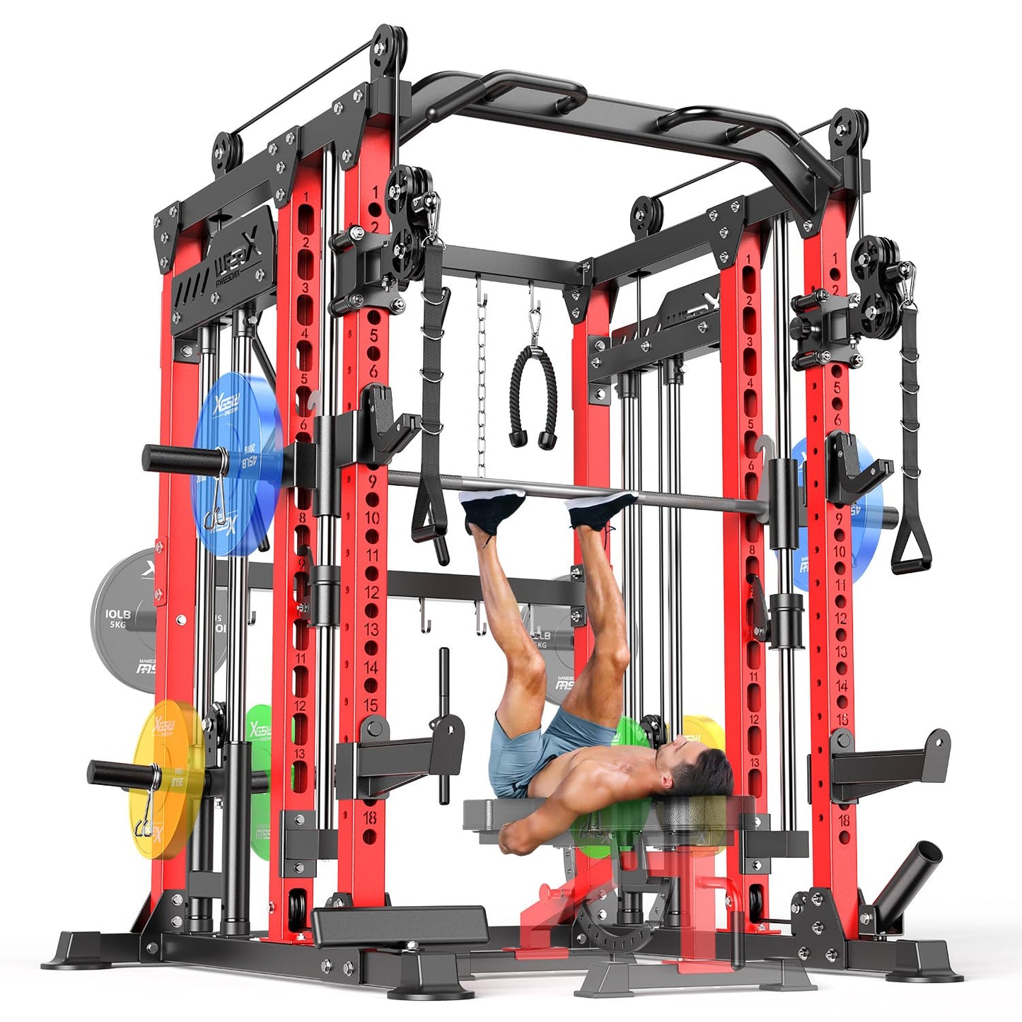 XGSW XINGESIWR Multi-Purpose Squat Rack,Smith Machine Weight Rack Set with Cable Crossover System, Home Gym Power Racks, Power Racks and Packages (L04, Power cage Red)
