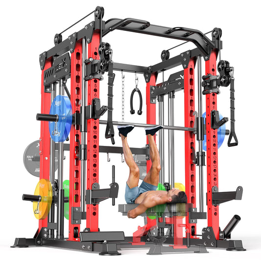 XGSW XINGESIWR Multi-Purpose Squat Rack,Smith Machine Weight Rack Set with Cable Crossover System, Home Gym Power Racks, Power Racks and Packages (L04, Power cage Red)