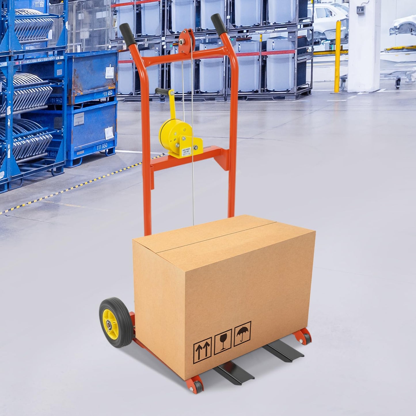 Hydraulic Material Lift Stacker, Heavy-Duty Adjustable Fork Pallet Truck, 330 lbs Capacity Manual Material Lifter with Crank Handle, Portable Steel Lift Stacker for Warehouse, Garage, and Workshop Use