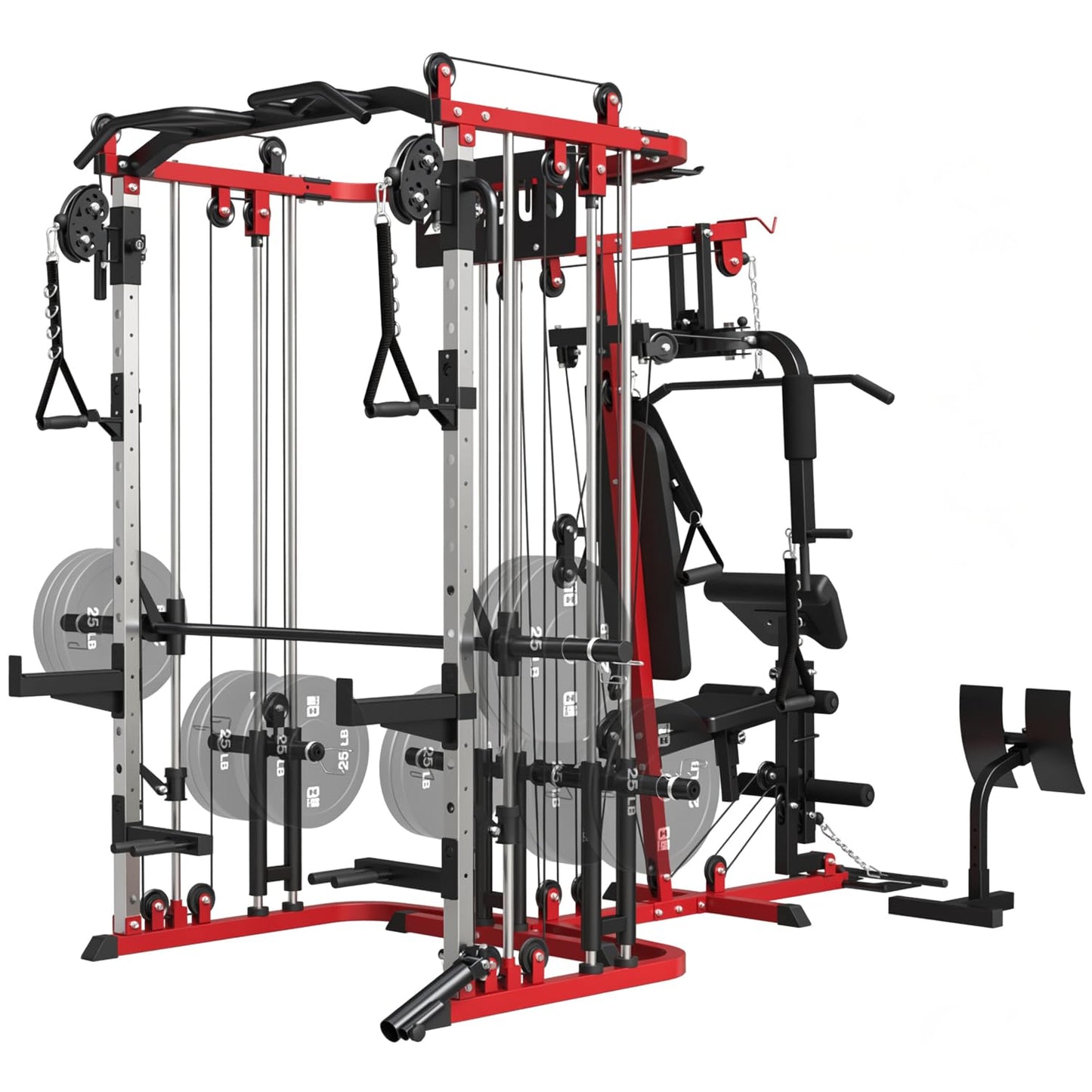 FAGUS H All in One Home Gym System Workout Station, Multi-Function Smithe Machine Power Cage with Cable Crossover, Tripe-Sided Independent Load Posts, Smithe Trainer for Full Body Training, Black Red