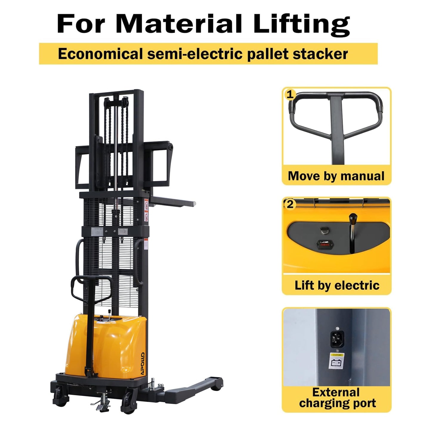 APOLLO Semi-Electric Pallet Stacker, 3300 lbs Capacity, 118" Lifting Height Material Lift, Forklift with Straddle Legs and Forks