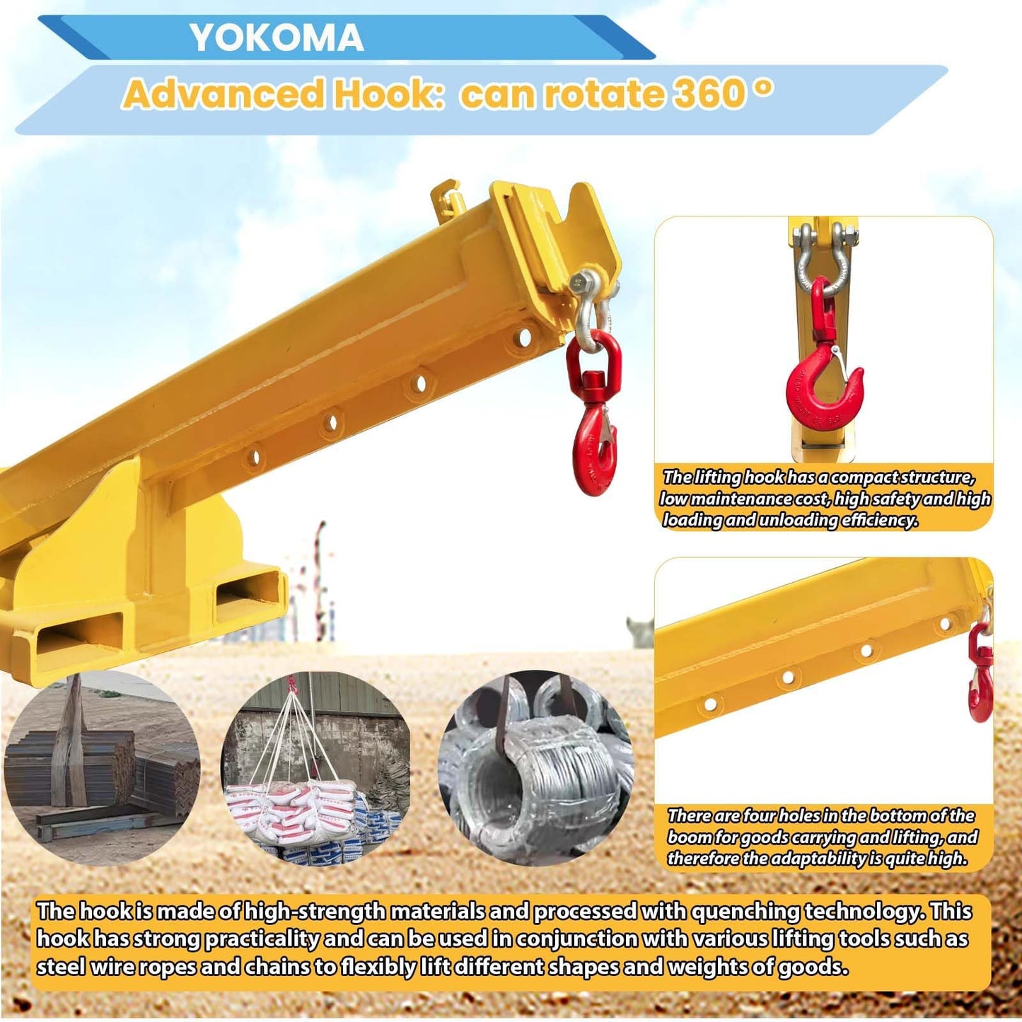 Yokoma Forklift Jib Boom Crane 11023lb Capacity Adjustable Mobile Crane Lifting Hook Hoist Pivoting Truss Jib Boom Extends 94.5in Industrial Telescopic Lift Attachments for Construction Warehouse