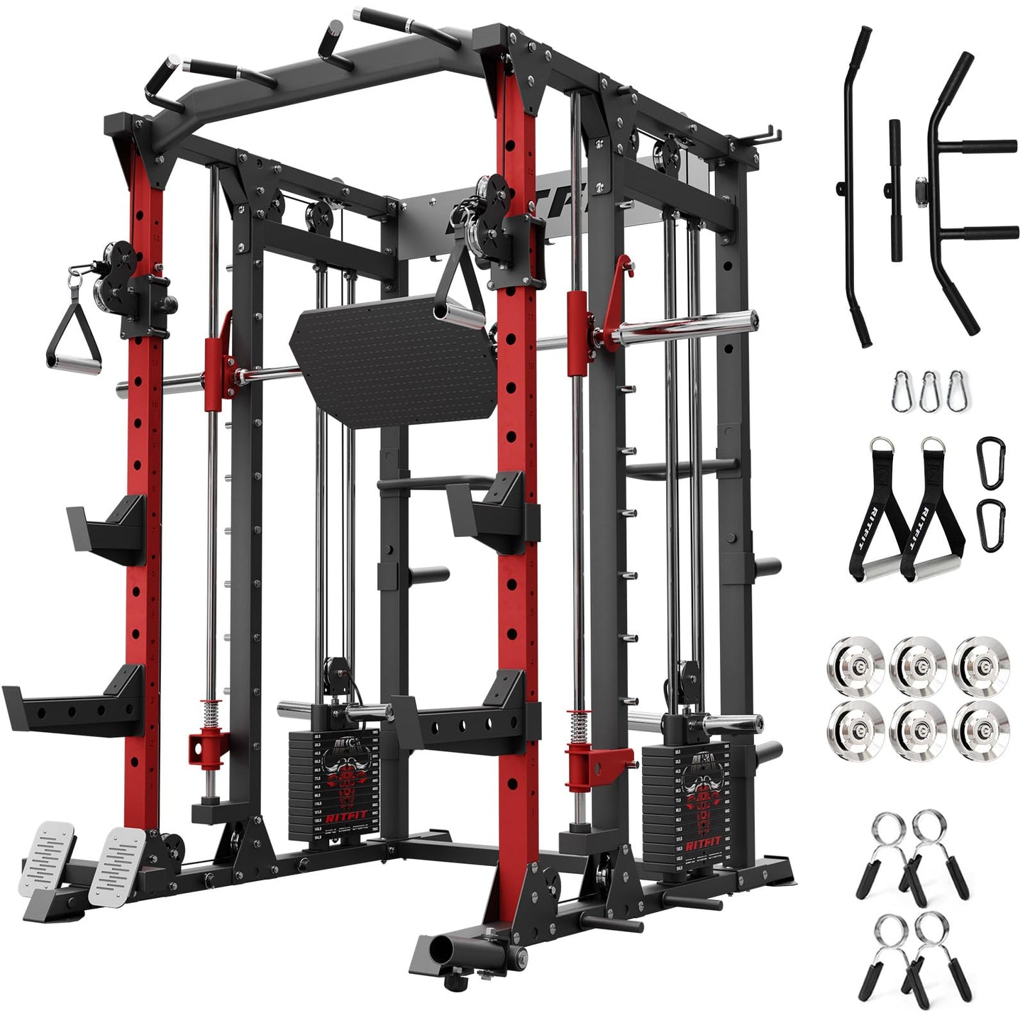 RitFit Buffalo Smith Machine Package, All-in-One Power Cage with Weight Stack , Power Rack with Cable Crossover & Leg Press Attachment for Home Gym