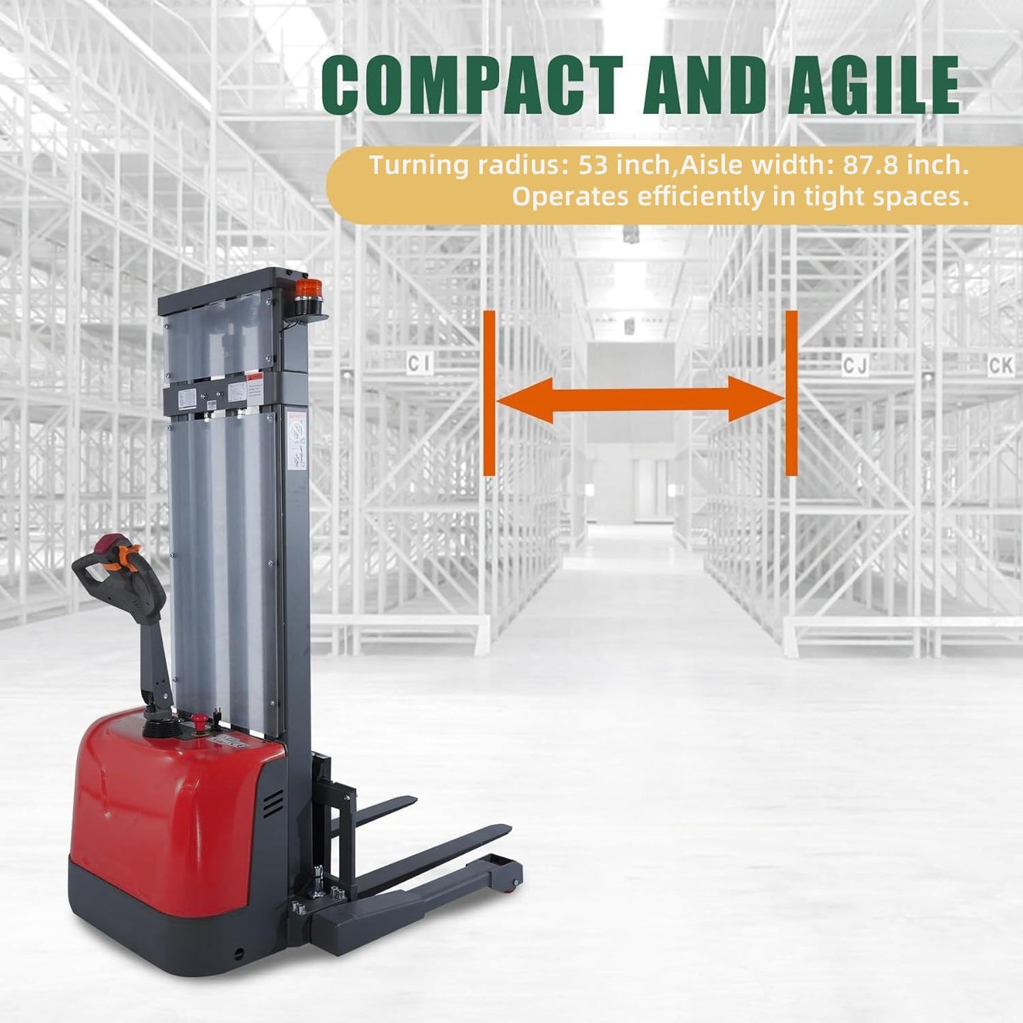 Tory Carrier Full Electric Pallet Stacker, Pallet Forklift, 3300 lbs Capacity, 118" Height Material Lifts, Straddle Legs & Forks Lift, Upgraded Maintenance-Free Gel Battery for Narrow Spaces(Red)