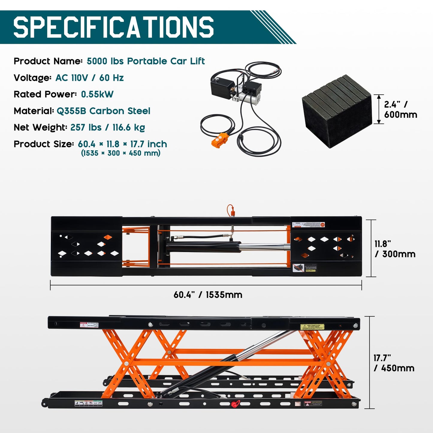 Albott 5000 LBS Portable Car Lift, Q355B Steel Quick Jack for Home Garage, 20.1" Max Height with Height Extension Blocks, Foldable Design & Wheels, Black & Orange