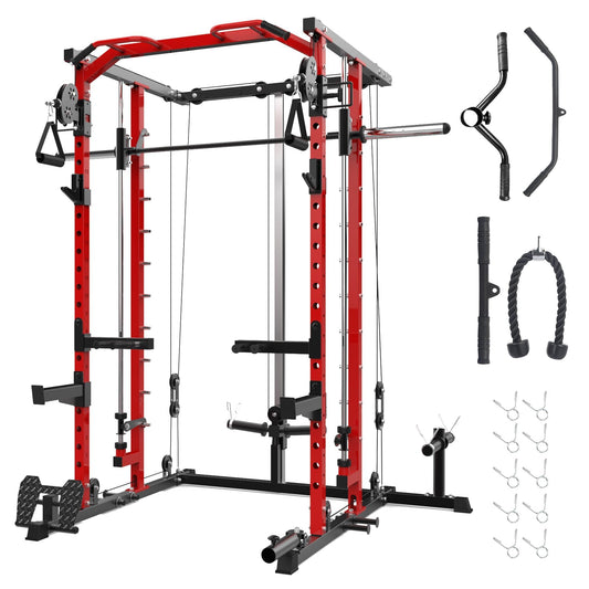 GAOMON Smith Machine Squat Rack, Heavy Duty Strength Training Power Cage with Pulley System, Dip Bar, LAT Pulldown, Multifunctional Workout Machine for Home Gym, Studio, Red