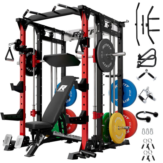 RitFit Buffalo Smith Machine, Power cage with LAT-Pull Down System & Cable Crossover System, All-in-One Squat Rack for Home Gym, Power Rack