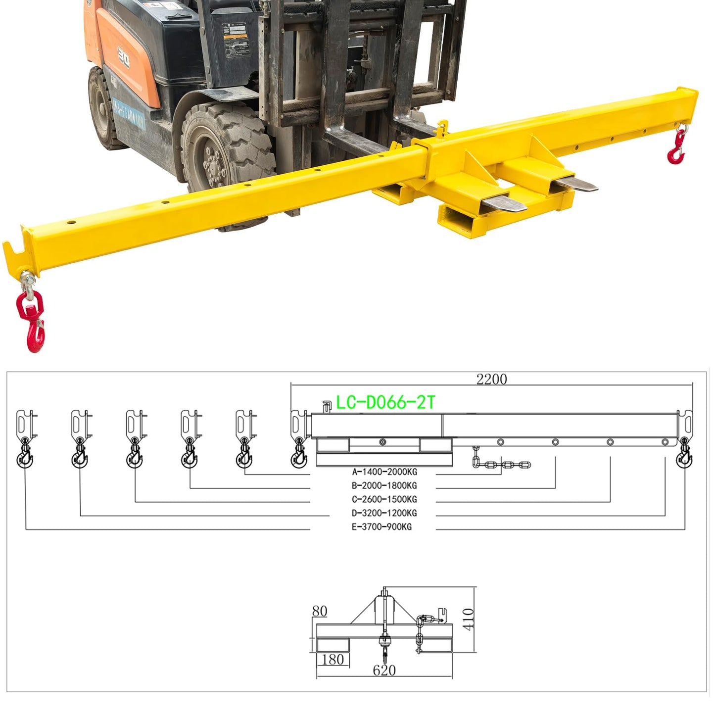 TECHTONGDA Dual-Direction Forklift Jib Crane - 6600 Lbs Telescoping Boom Works in Transverse & Longitudinal, Adjustable Mobile Crane Lifting Hoist Jib Boom with 2 Hooks, Forklift Attachment
