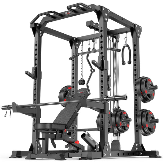 Power Rack Power Cage Multi-Function Squat Rack with Cable Crossover System Selectable More Training Attachment Power Rack for Garage & Home Gym (Black, C set L01+Weight Bench+（pole+Cast Iron）248LBS)