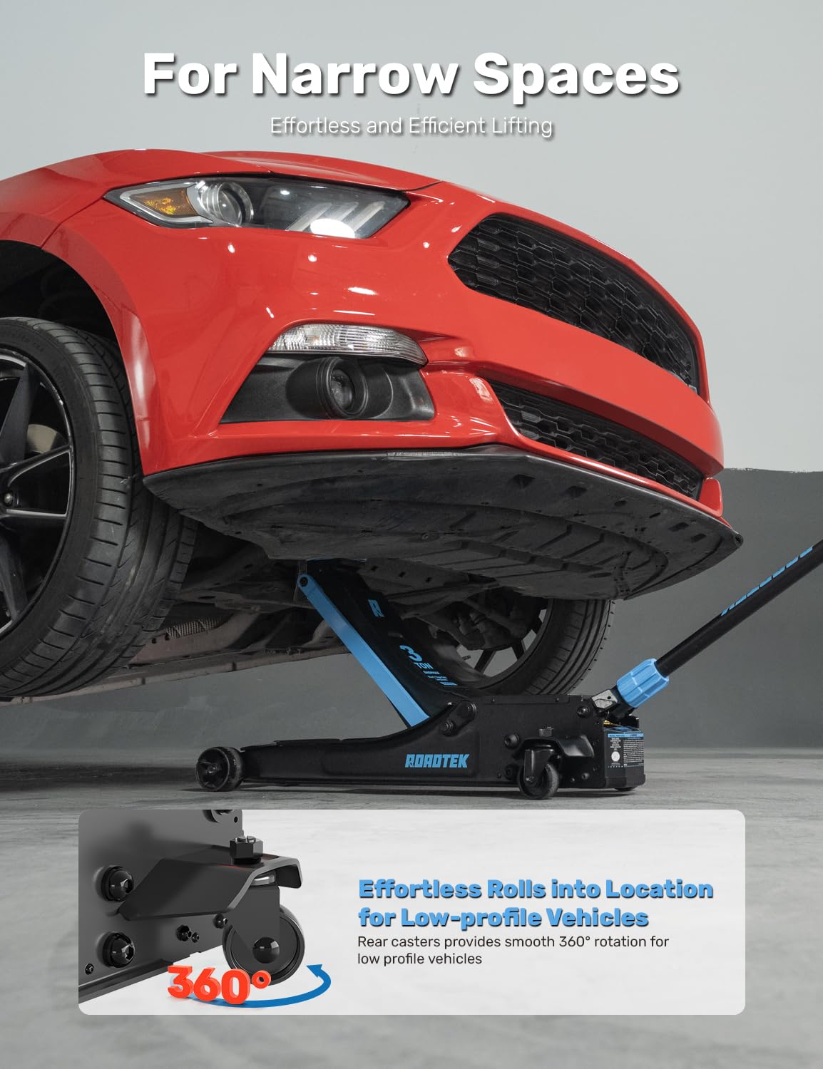 ROADTEK 3 Ton Electric Floor Jack, Low Profile Jack for Quickly Car Lift, Hydraulic Service Jack, 6000 lbs Capacity. Lifting Range 3-3/8" to 24-1/4"(Caster Wheel)