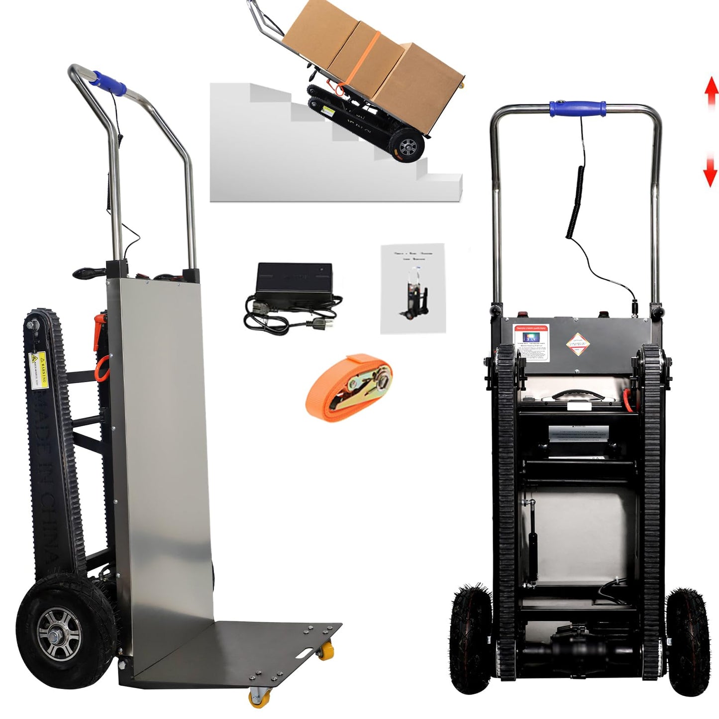 ZLPOWER Electric Stair Climbing Hand Trucks Dolly 661LBS Max Load 500W Power Heavy Duty Folding Stair Climber Moving Cart with Rubber Tracks for Family Moving Warehouse Logistics Distribution