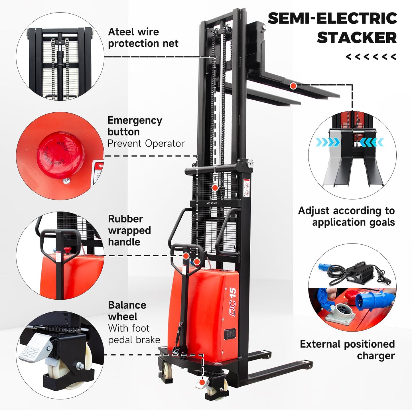 DMC-FPPS 3300lbs Semi-Electric Pallet Stacker, 98" Lifting Height Wakie Stacker, Fixed Legs Material Lift with Adjustable Forks