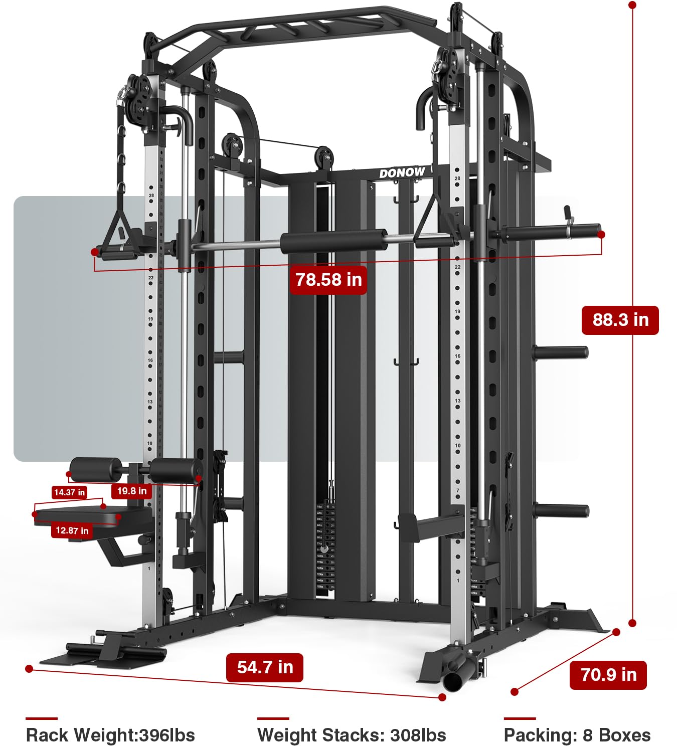 DONOW Smith Machine with Weight Stacks, Multi Function Home Gym System Training Power Cage Squat Rack Dual Cable Crossover Machine All in One