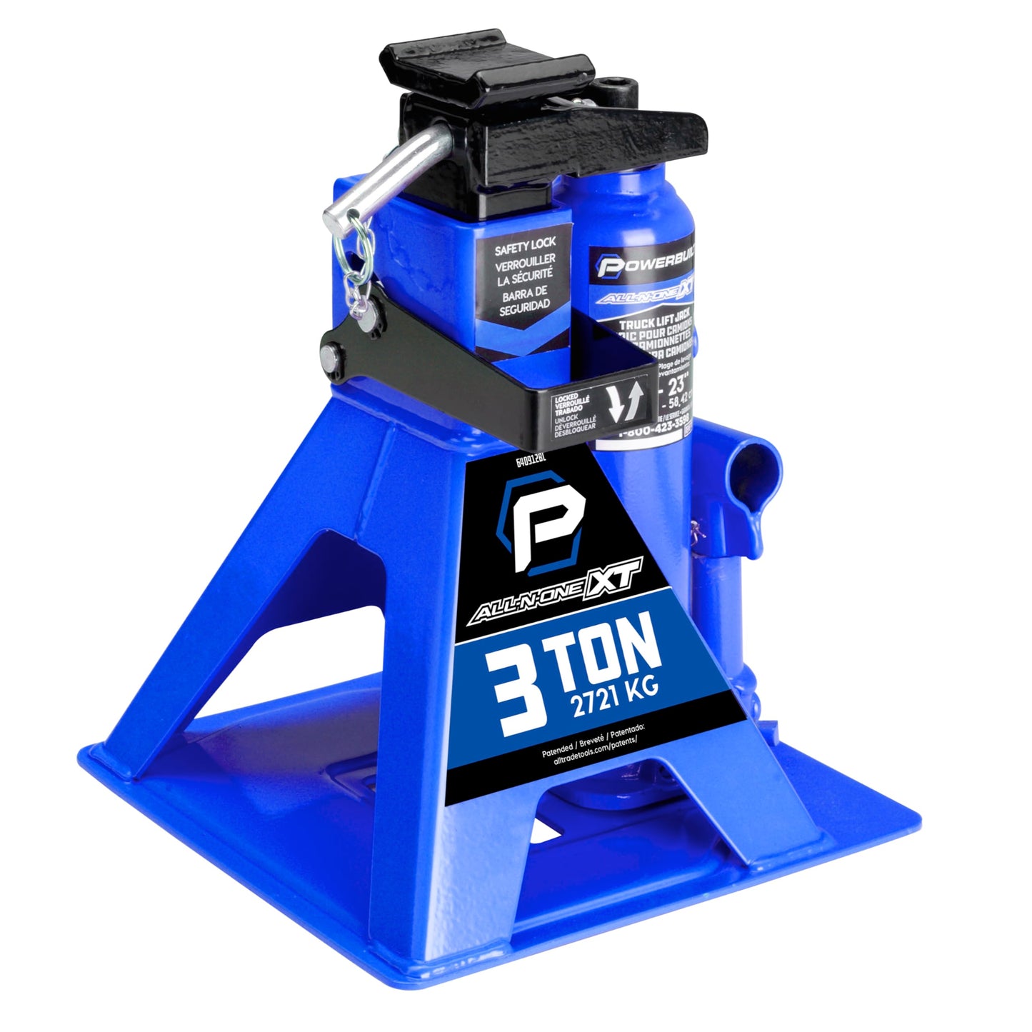 POWERBUILT 3 Ton All-in-One Hydraulic Bottle Jack and Jackstand in One, Compact, Wide Base, 11-21 inch Range, Eliminates Jackstands, for Trucks, SUVs, RVs, Trailers, Not for Sedans (Blue) 640912BL