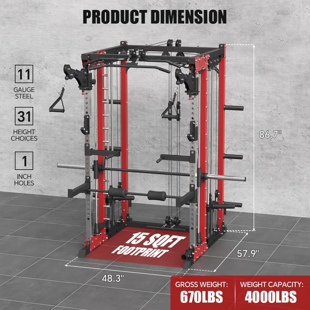 FAGUS H Commercial Smith Machine with Weight Bench Combo, 4000LB Power Cage Squat Rack with Lever Arm, Leg Press, Multi-Function Linear Bearing Cable Crossover Machine for Home Gym, Red