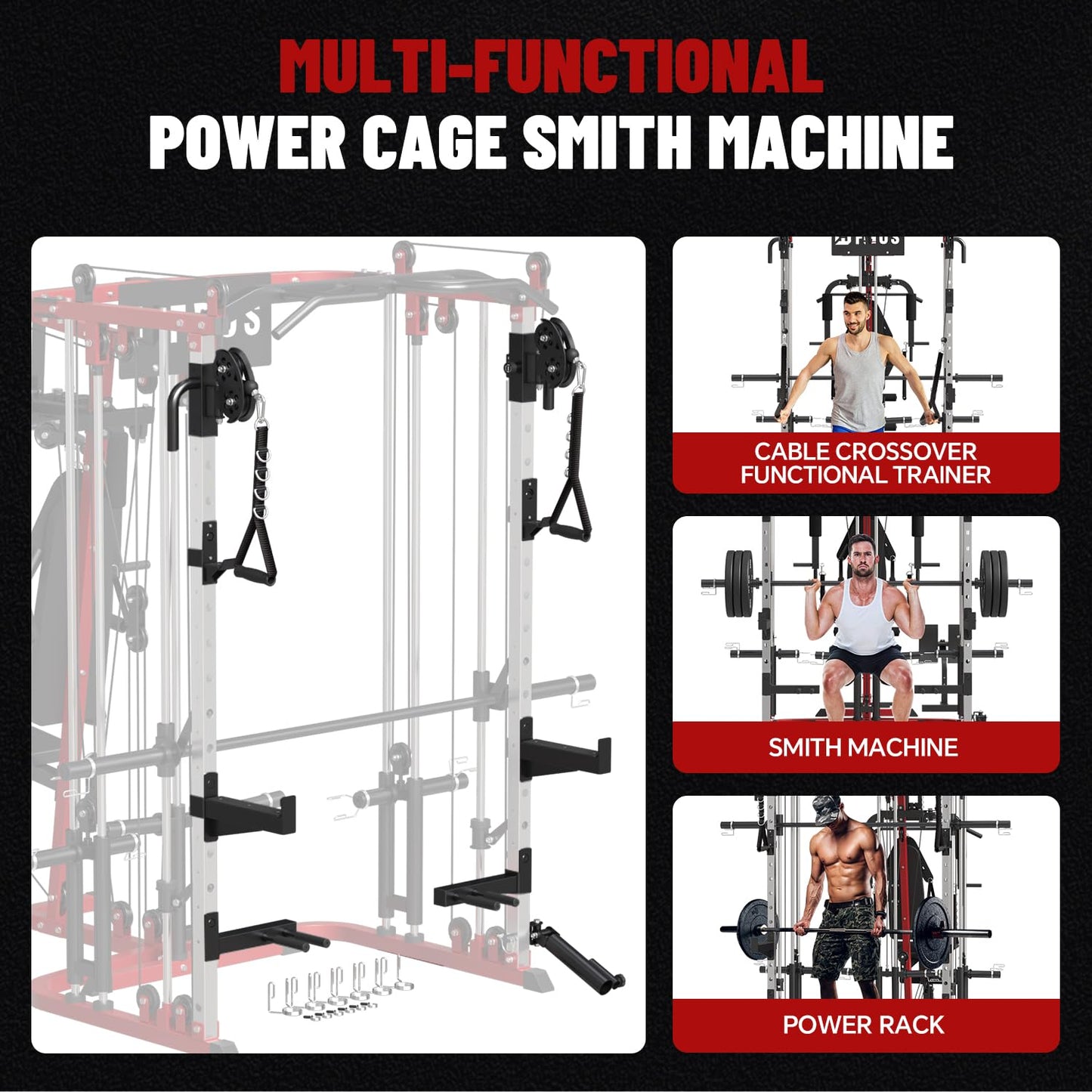 FAGUS H All in One Home Gym System Workout Station, Multi-Function Smithe Machine Power Cage with Cable Crossover, Tripe-Sided Independent Load Posts, Smithe Trainer for Full Body Training, Black Red