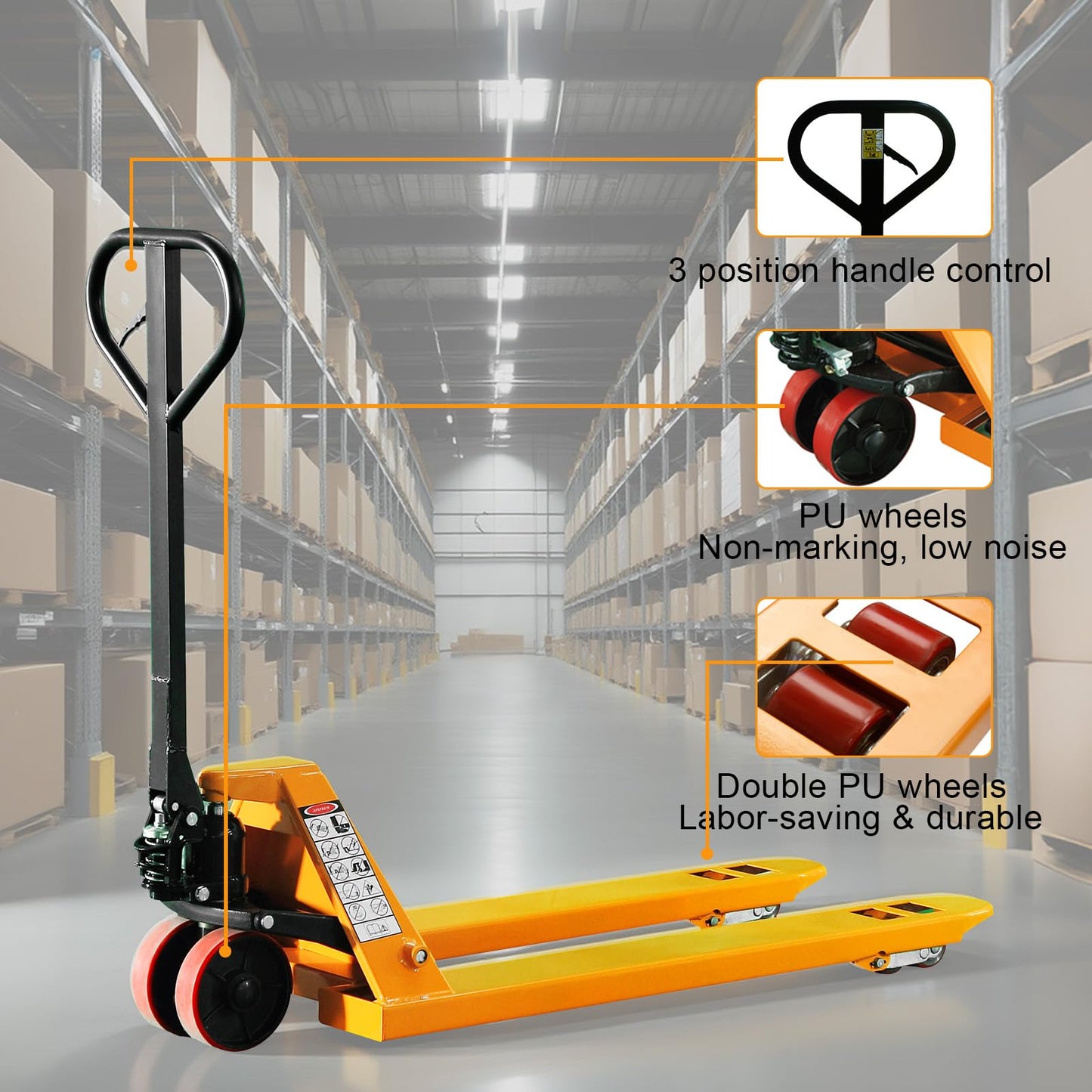 Kaixun Pallet Jack Truck, 5500lbs Capacity 27" W x 48" L Forks, Dual PU Wheels, Manual Heavy-Duty Pallet Truck for Warehouse