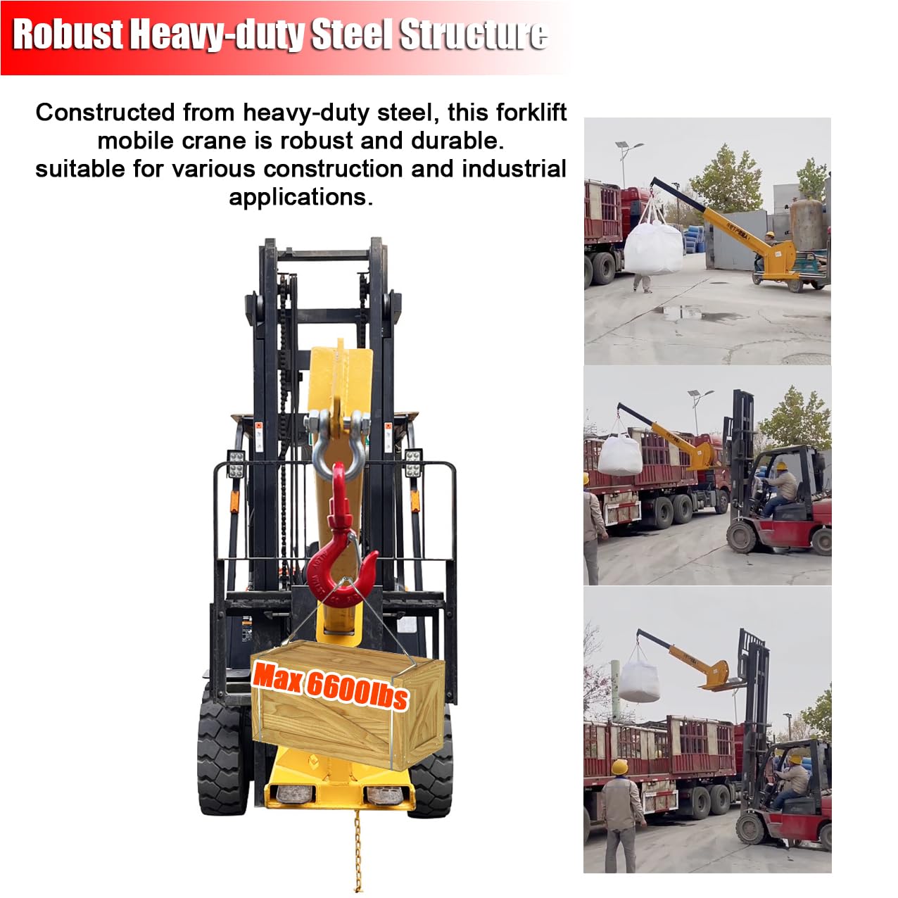 EQCOTWEA 3-Ton Forklift Jib Boom Crane Attachment, Adjustable 0-75° Tilt Angle Forklift Telescopic Arm, 7-12ft Telescopic Arm, 2 Hooks, Compatible with Forklifts & Material Handling Equipment
