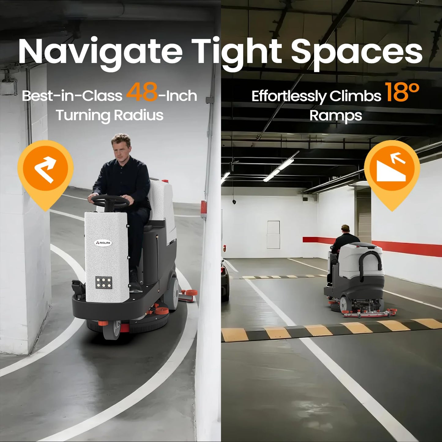 AIOLITH AF2225 Micro Ride-on Commercial Floor Scrubber, 25-Gal, 22" Brush, Up to 55000 ft²/h, Lithium Battery, Fast Charge, Industrial Riding Floor Cleaning Scrubber for Warehouse, Hospital, Garage
