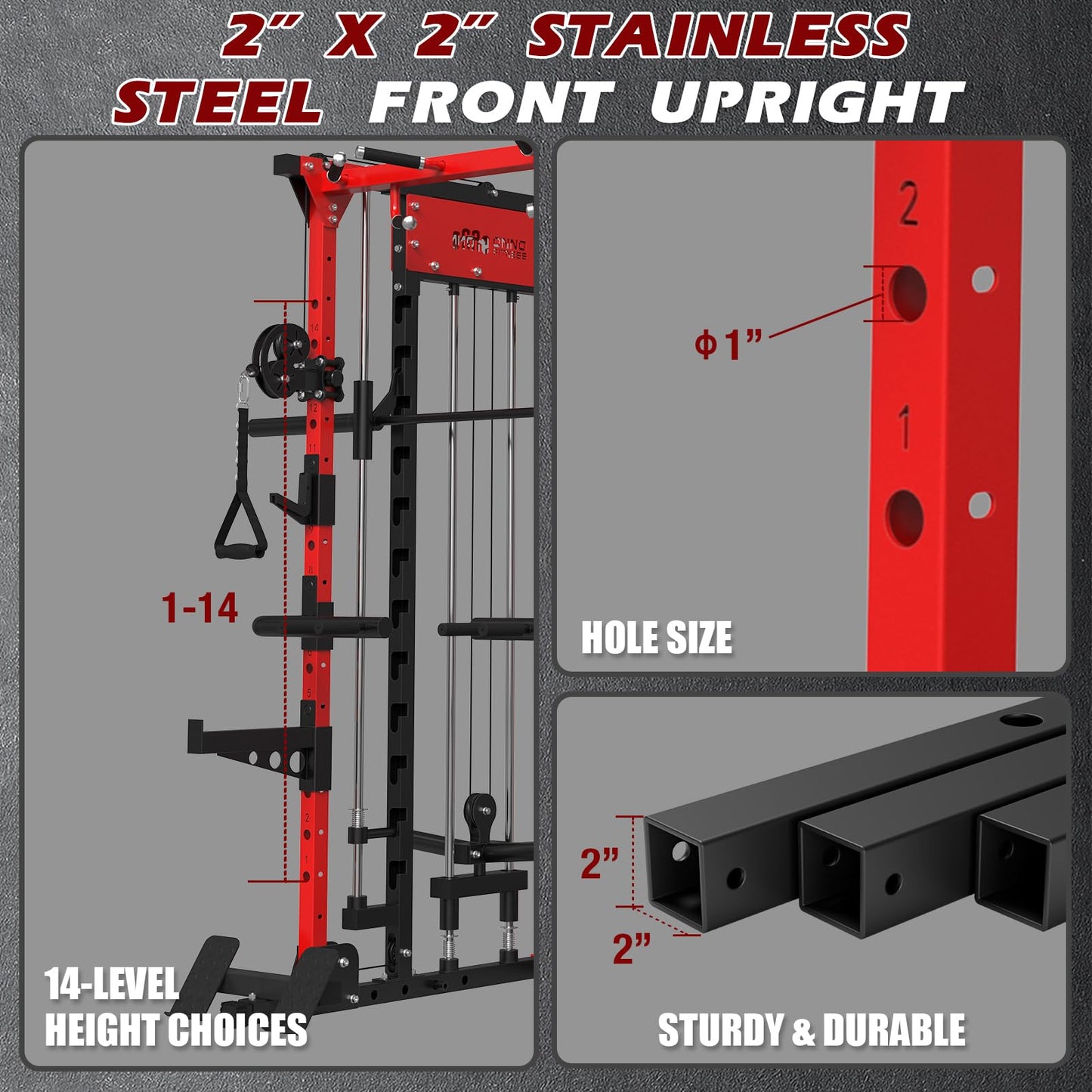 ONNO Smith Machine, 2200lbs Squat Rack with LAT-Pull Down & Cable Crossover System, Multi-Function Power Cage for Home Gym with Leg Hold-Down Attachment, Red