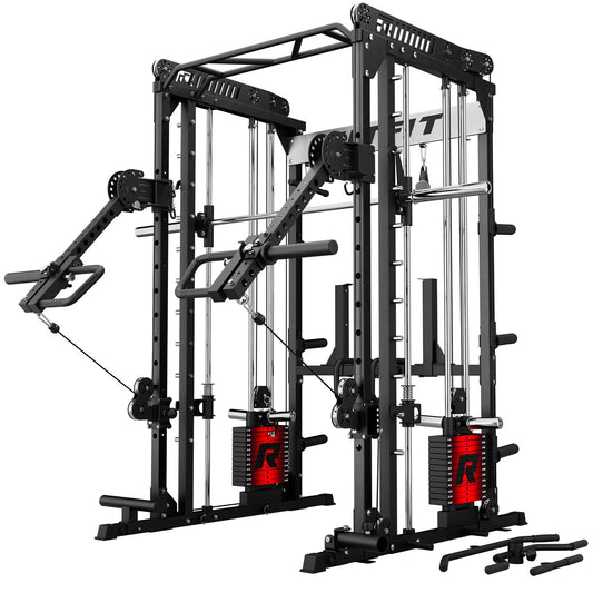 RitFit M1 Pro Smith Machine with LAM1 Adjustable Lever Arm Attachment, All-in-One Power Cage, Power Rack with LAT Pulldown & Cable Crossover System for Home Gym(Black with Weight Stack)