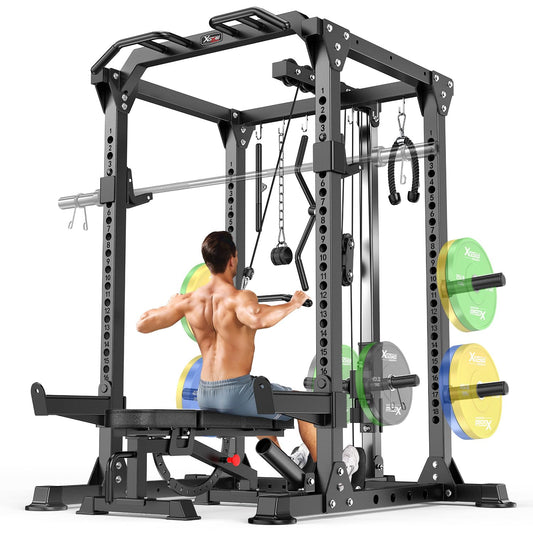 Power Rack Power Cage Multi-Function Squat Rack with Cable Crossover System Selectable More Training Attachment Power Rack for Garage & Home Gym (Black, B Set L01 Power Cage+Weight Bench)