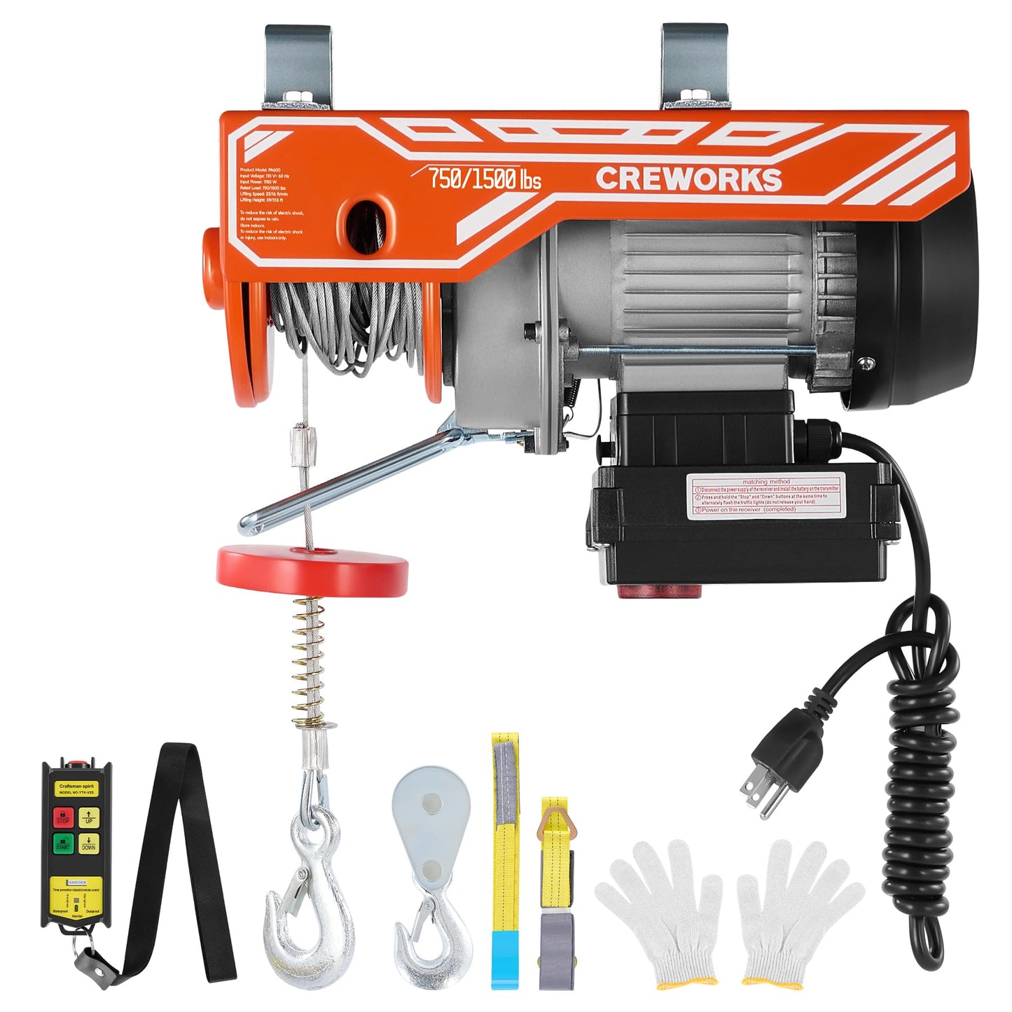 CREWORKS Electric Hoist, 1500lbs Electric Hoist with 328ft Wireless Remote Control 39ft Single Cable Lifting Height, 1150W Single Double Slings Hoist Lift Ceiling Winch for Factory Warehouse Garage