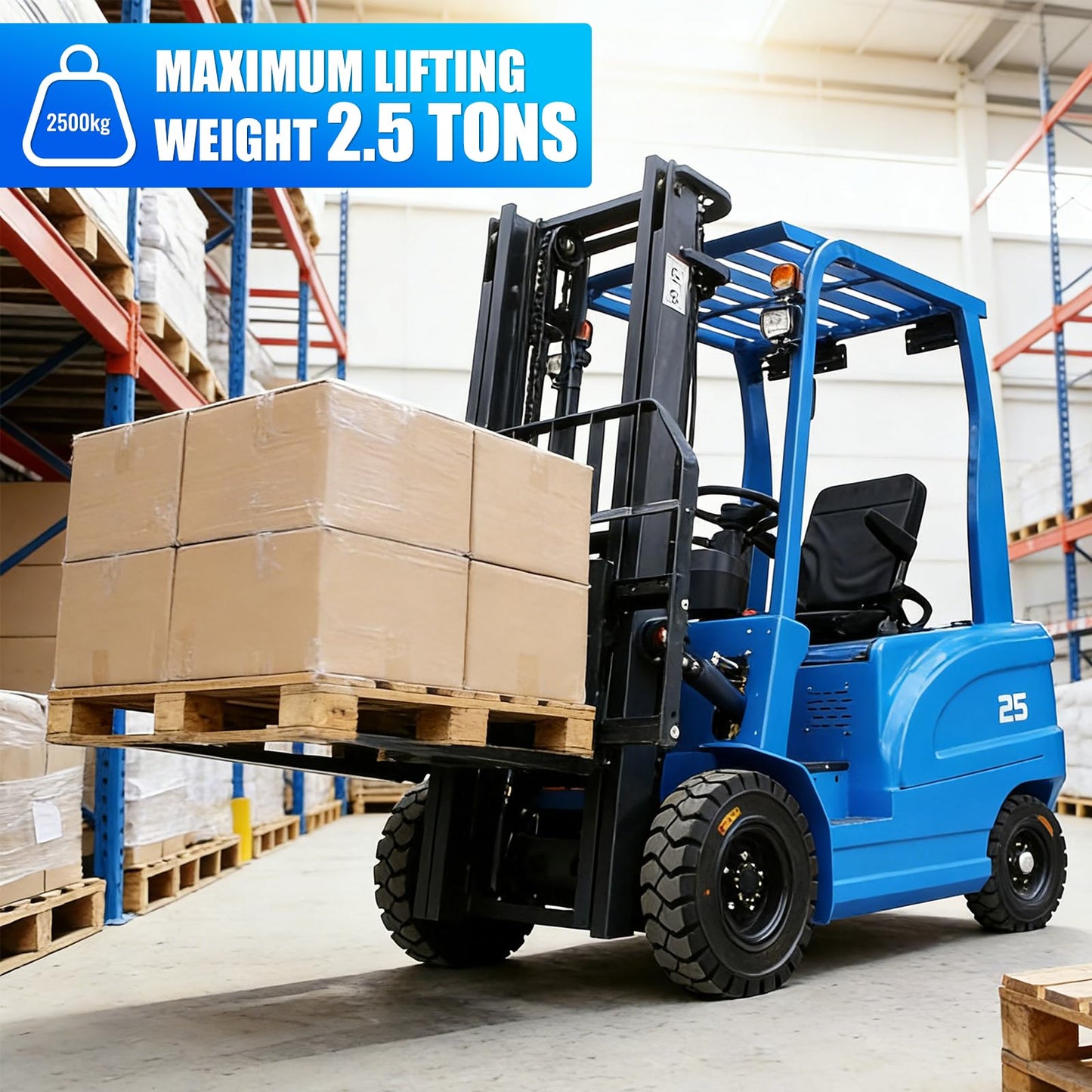 2.5 Ton Electric Forklift Pallet Stacker, Compact Forklift Capacity Heavy Duty Industrial Material Handler for Warehouse Factory Logistics Lead Acid Battery Powered, Moved Sideways (Blue)