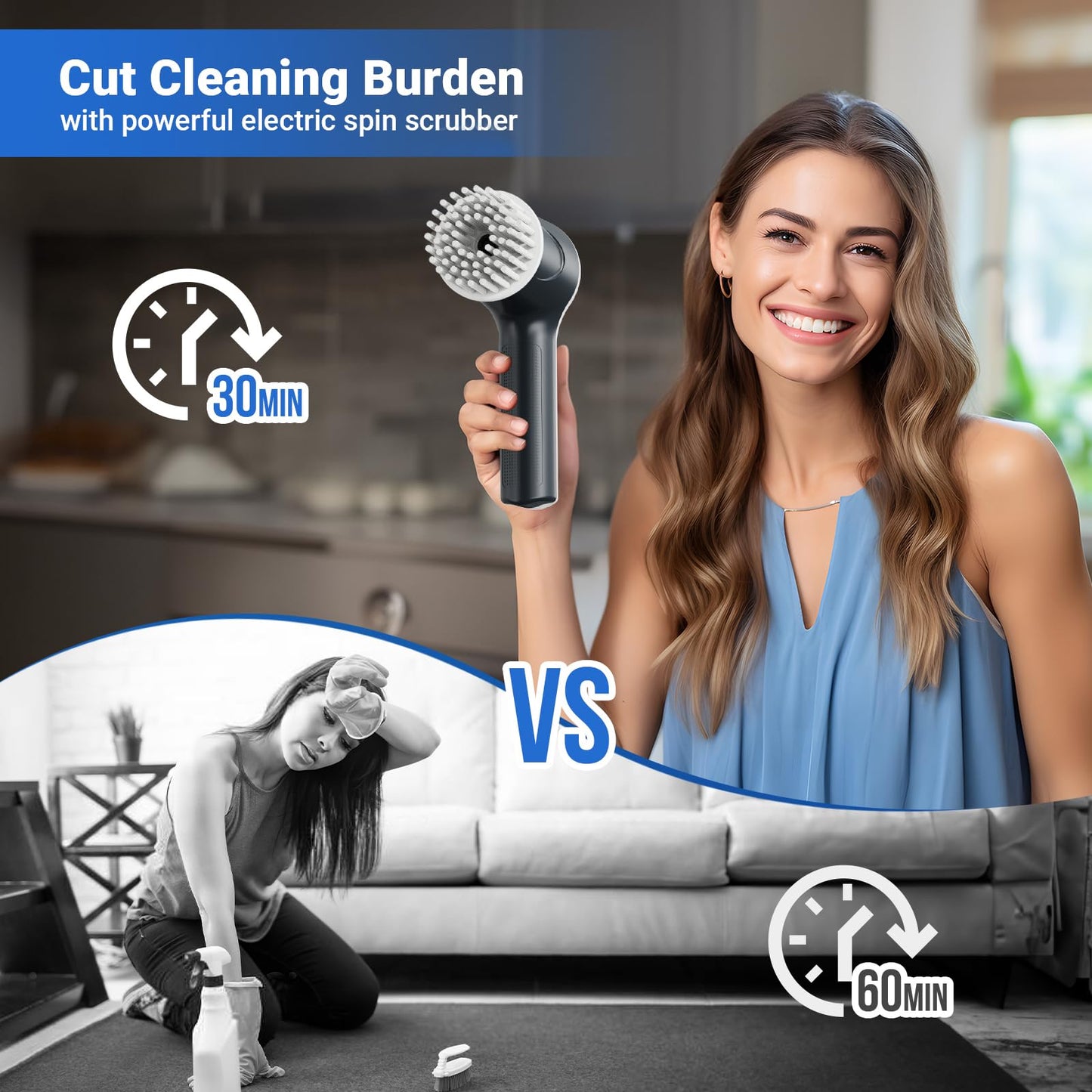 PUFTEM Electric Spin Scrubber, Cordless Shower Scrubber with Battery Level Display, 2 Speeds Electric Scrubber for Cleaning with 6 Replaceable Heads, Cleaning Brush for Bathroom/Sink/Window (Gray)