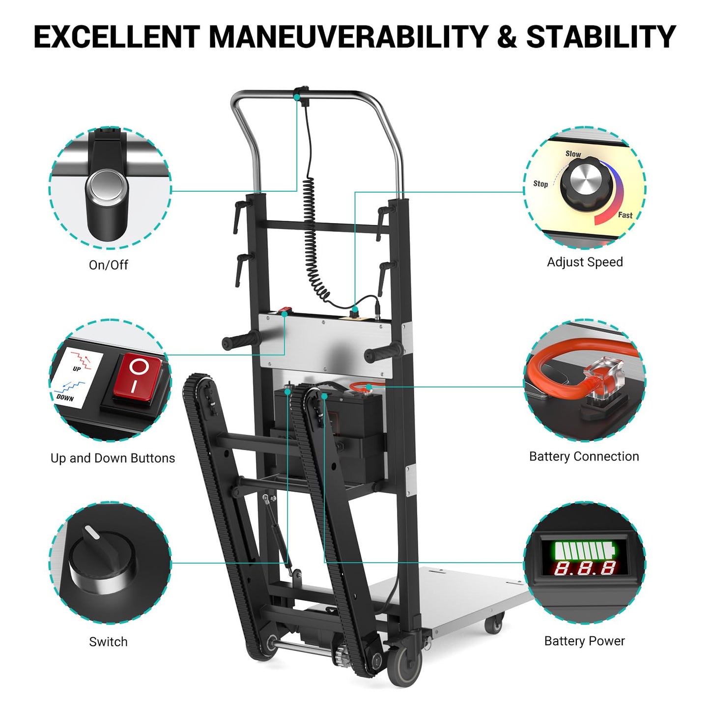 Electric Stair Climbing Dolly, 1250w Electric Hand Trucks Foldable, Large Capacity Stair Climbing Hand Trucks Dolly Cart with 4m Safety Rope, for Mobile Furniture Logistics Warehouse (Black+Silver)