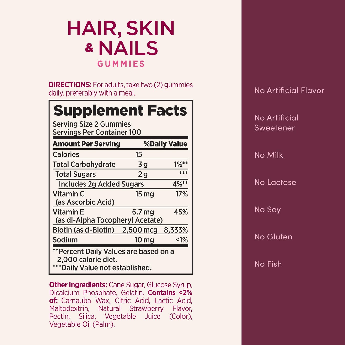 Nature's Bounty Optimal Solutions Hair, Skin and Nails Gummies with Biotin, 2500 mcg, Strawberry Flavored, 200 Count, 100 Total Servings