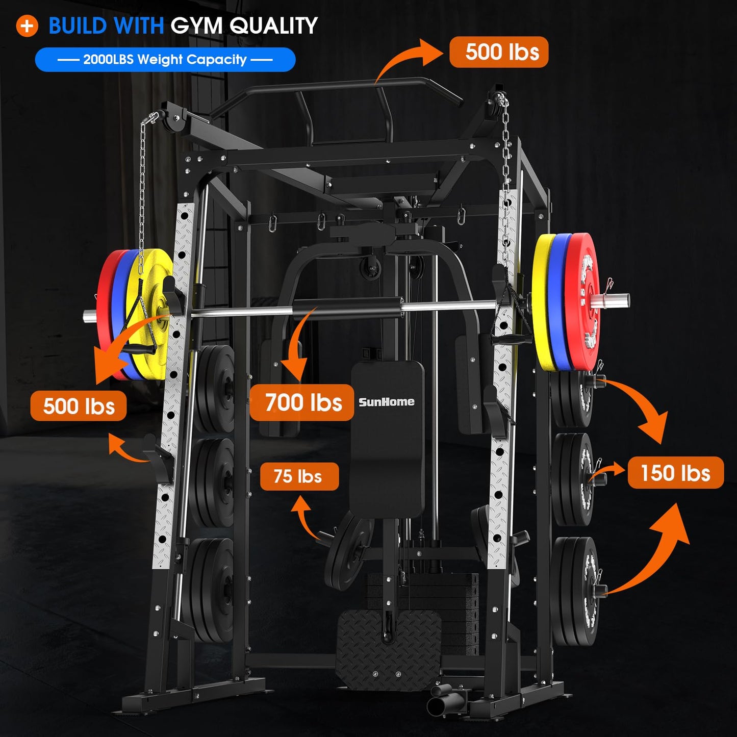 SunHome Smith Machine with 120LBS Weight Stack, 2000LBS Power Cage Squat Rack with Smith Bar, Two LAT Pull-Down Systems, Cable Crossover Machine and and More Cable Attachment for Home Gym