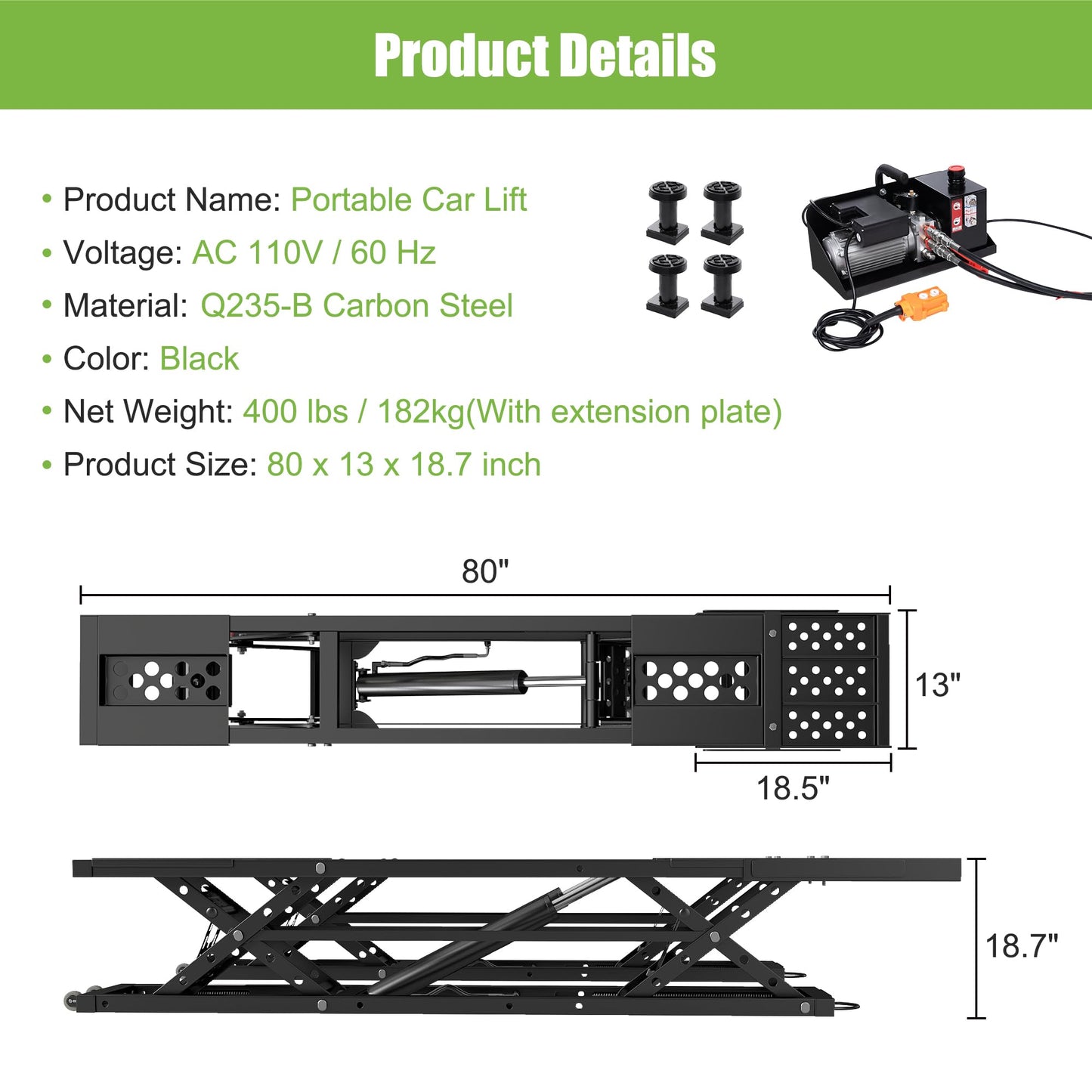 5000 LBS Portable Car Lift, Heavy Duty Quick Jack with 25.6" Max Height, Extended-Length Plates, 120V Power Unit, for Cars, SUVs, Light Trucks, Shop Use or Garage, Black