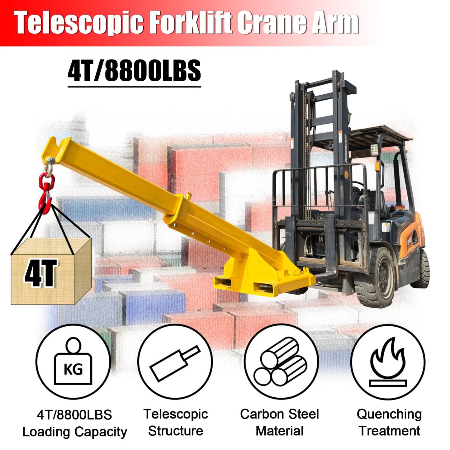 EQCOTWEA 4-Ton Telescopic Forklift Crane Boom Mobile Adjustable Lifting Jib with 8800LB Capacity & 94.5" Extendable Truss Arm, Heavy-Duty Lifting Hoist Truss Jib Boom for Forklifts and Hoists