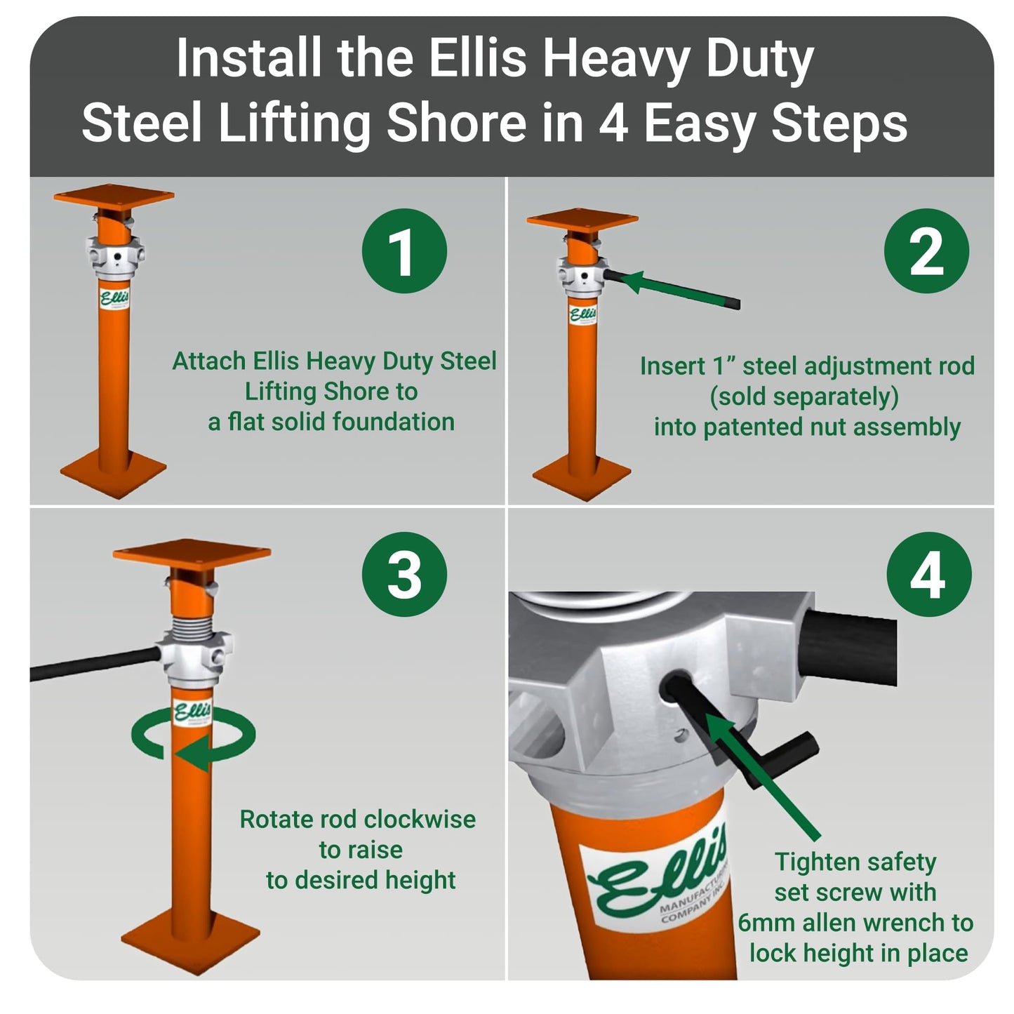 ELLIS Heavy-Duty Adjustable Steel Shore – House Jack for Permanent or Temporary Foundation Support, Beams, and Structural Repair – 52,000 lb Safe Load Capacity – 13"-20" Adjustment