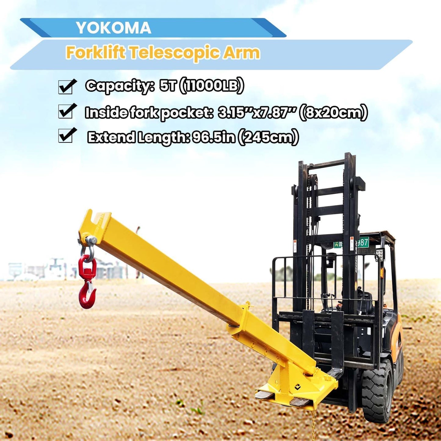 Yokoma Forklift Jib Boom Crane 11023lb Capacity Adjustable Mobile Crane Lifting Hook Hoist Pivoting Truss Jib Boom Extends 94.5in Industrial Telescopic Lift Attachments for Construction Warehouse