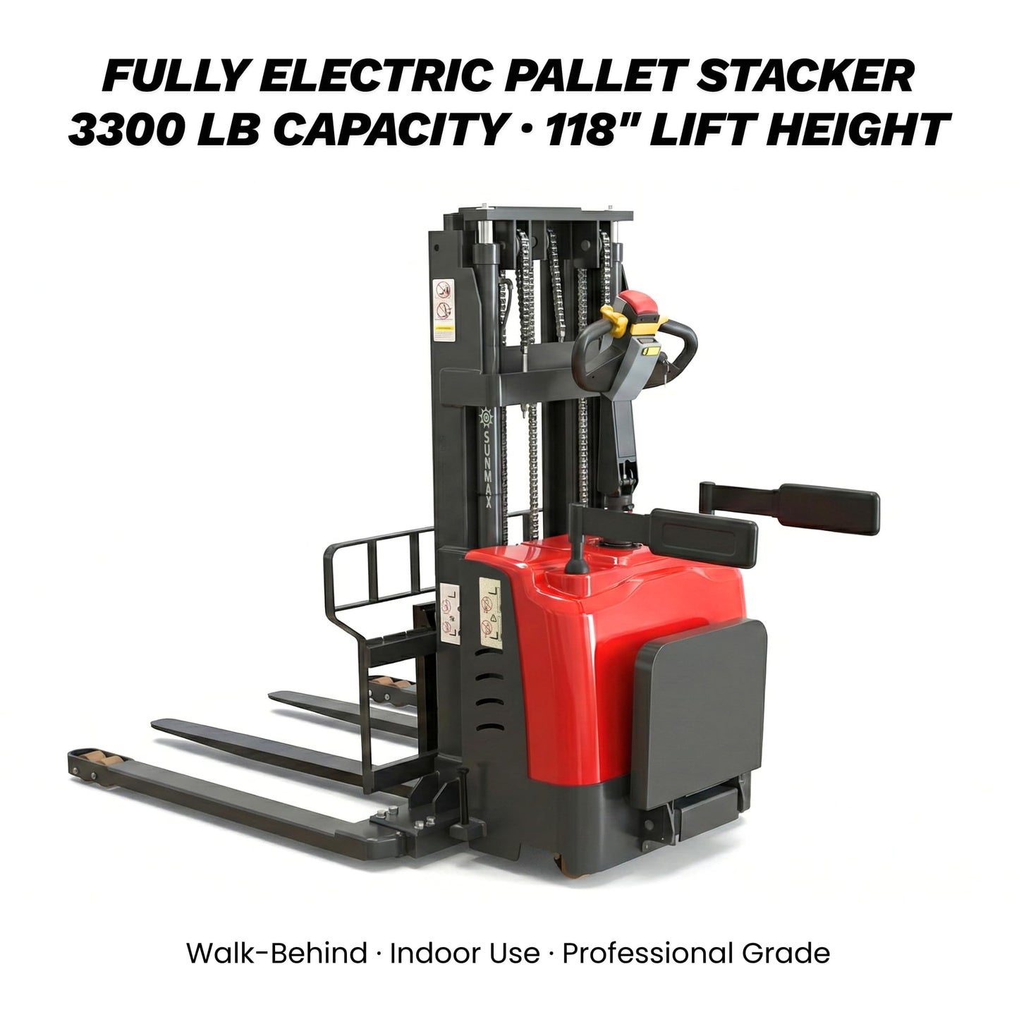 SUNMAX PS3300FEAS-3M Fully Electric Pallet Stacker, 3300 lb Capacity, 118" Lift Height, Walk-Behind Warehouse Stacker with Adjustable Straddle Legs