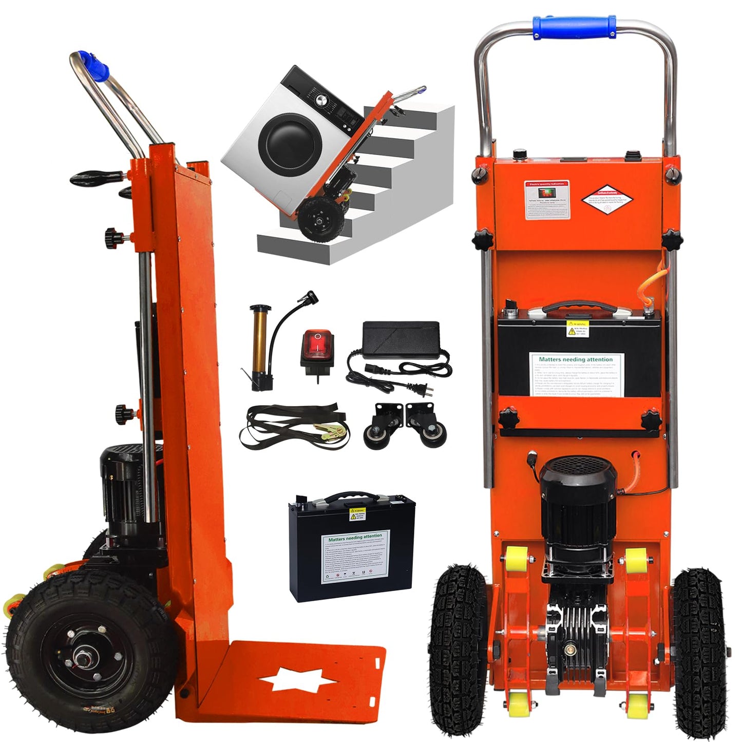 Electric Stair Climbing Dolly, Easy Up/Down with Solid Rubber Tires, 880lbs Capacity Heavy Duty, 1500W Electric Stair Climbing Hand Truck for Moving Logistics Distribution (Orange)