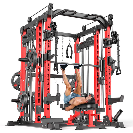 XGSW XINGESIWR Multi-Purpose Squat Rack,Smith Machine Weight Rack Set with Cable Crossover System, Home Gym Power Racks, Power Racks and Packages (L04, Power cage Red+Bench+Cast lron 220LBS)