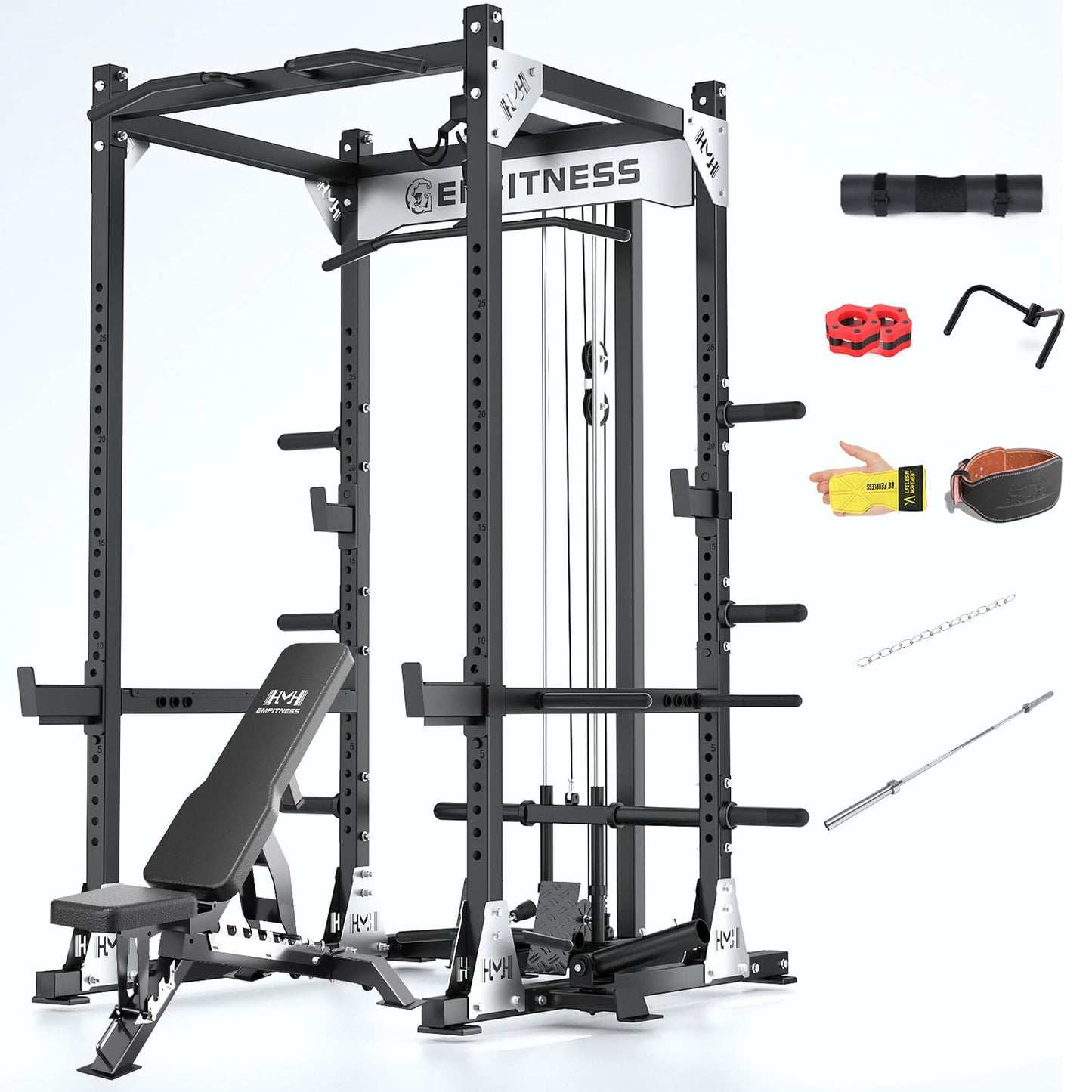 JZOPIDL X10 Power Cage with Adjustable Bench/Olympic Barbell/Cable Crossover/Smith Machine System, 4000LB Squat Rack for Home & Garage Gym, with Weight Storage Rack and Training Attachments