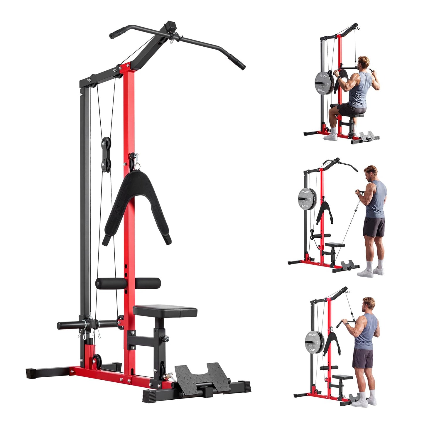 VEVOR LAT Pull Down Machine, 3-in-1 Row Cable Machine, Cable Machines Home Gym with 3-Level Adjustable Seat, 4-Level Adjustable Foam Roller, Load 400 lbs LAT Tower for Back, Chest, Tricep, Black