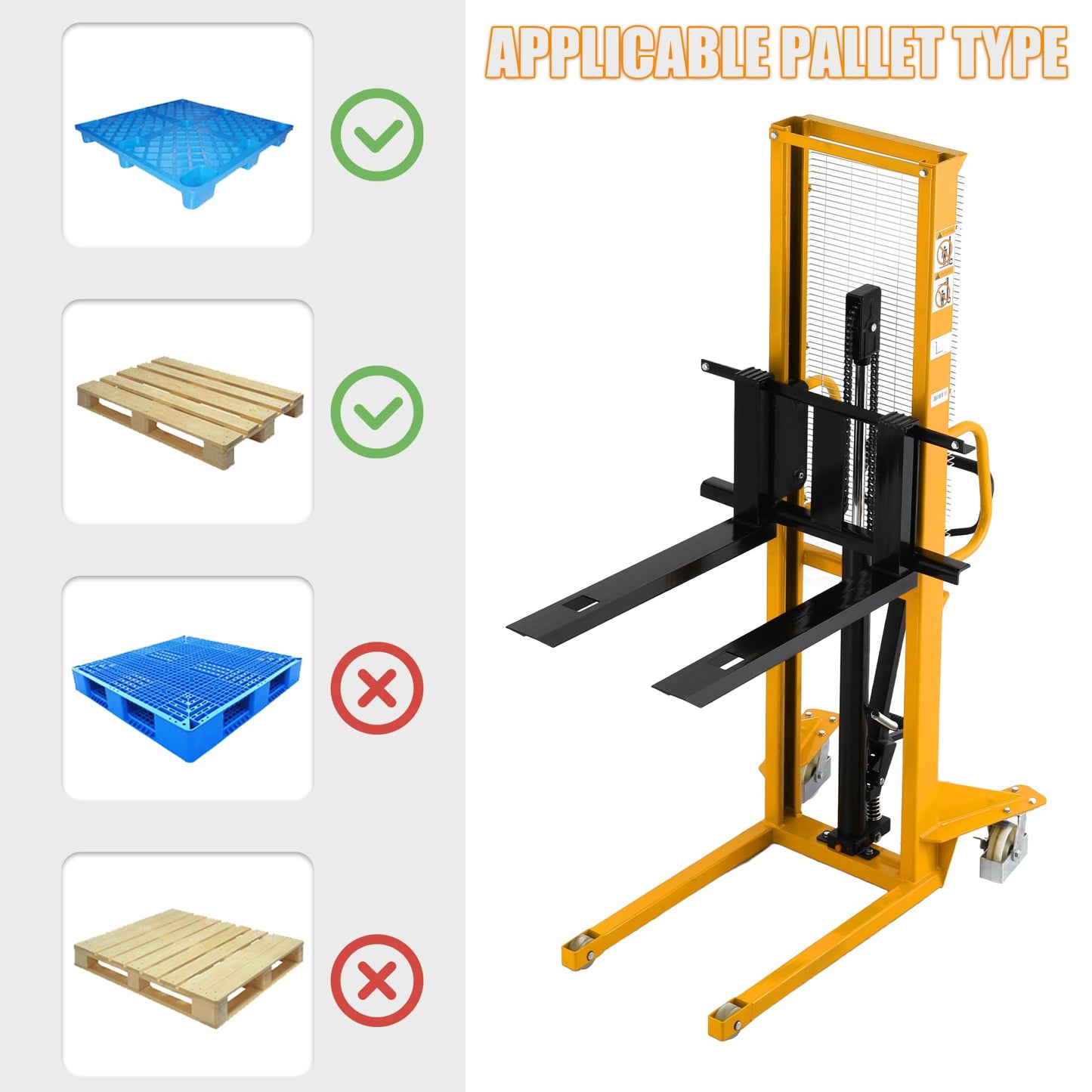 APOLLOLIFT 2 Pices Manual Stacker 1100lbs Capacity 63" Lift Height Pump Fixed Leg Lift Truck Pallet Stacker Suitable for Open Bottom Pallet