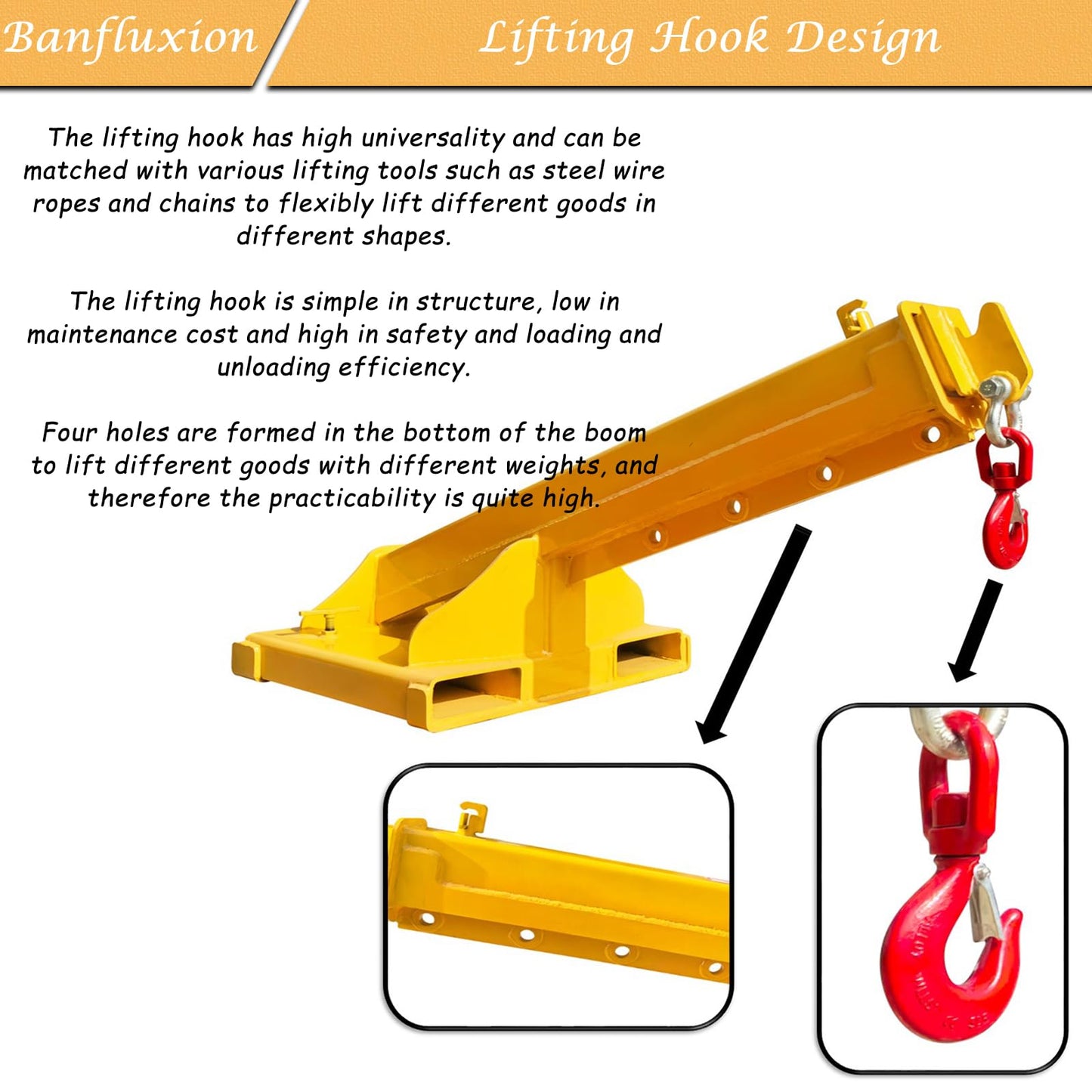 Banfluxion Forklift Jib Boom Crane, 11000LBS/5T Capacity Heavy Duty Telescopic Crane, Manual Adjustable Arm Extends to 96.5 Inch, with Truss Boom & Hook for Warehouse, Factory, Equipment Handling