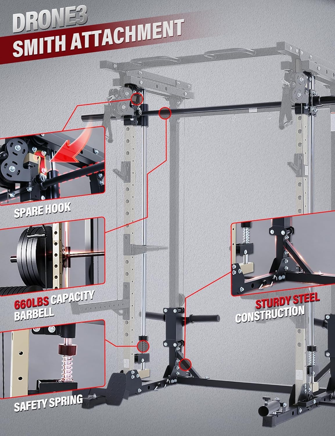 Major Fitness Drone3 Smith Machine, All-in-One Home Gym Squat Rack with Cable Crossover & Pull-Up Station, Heavy-Duty Strength Training (D3SMS-KHA (with Bench Elite BLK & 230LB BLK BP)