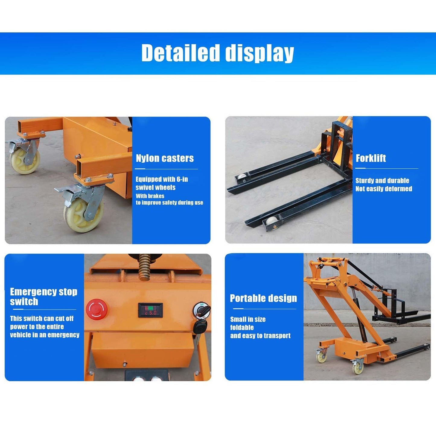 Full Electric Stacker,Portable Articulated Forklift,Foldable Hydraulic Lift Push Forklift,Adjustable Fork Material Handler(Forklift Drum clamp Style,700KG)