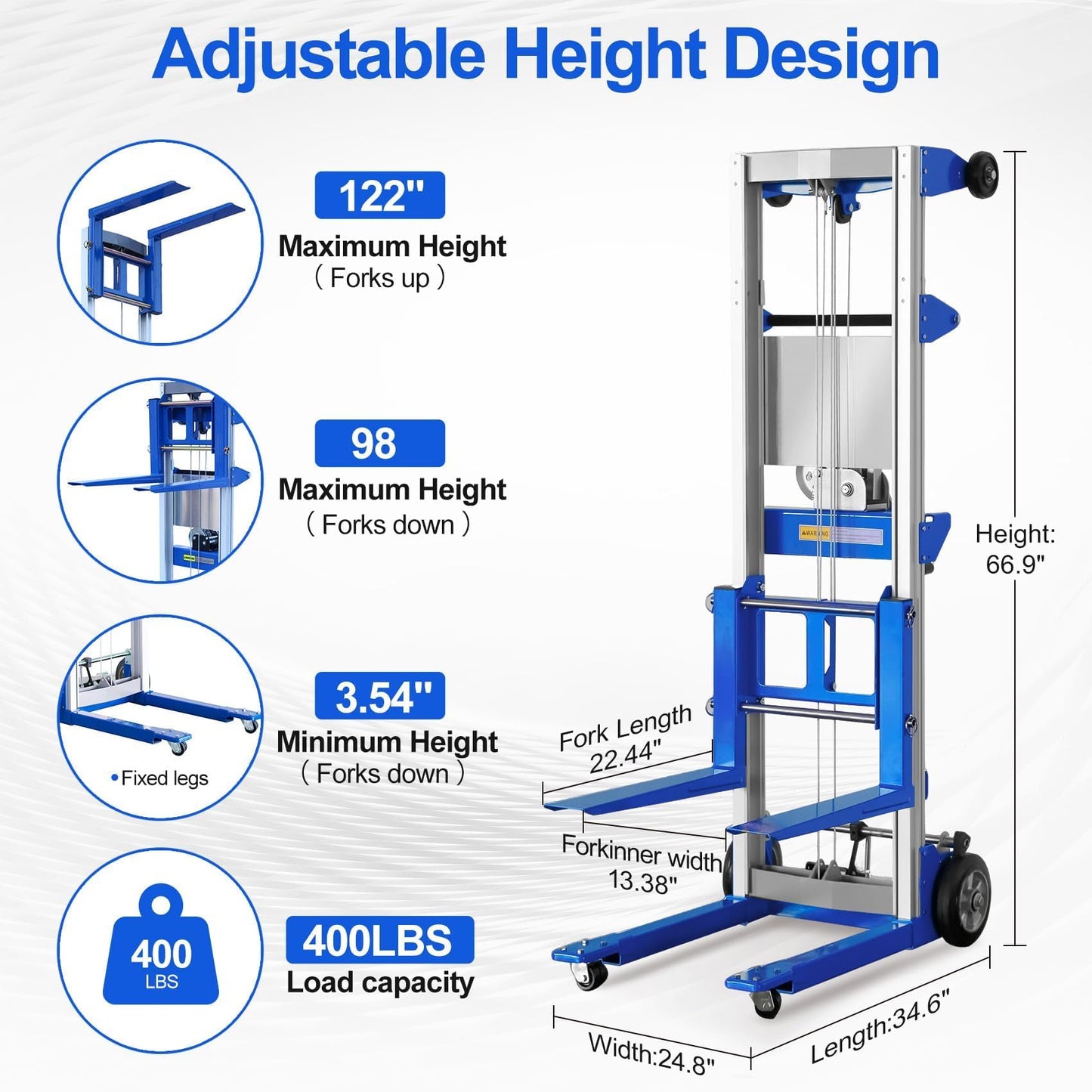 ELOMBR 2PCS Material Lift Winch Stacker, 3.54"-122" Height Range, 400 lbs Capacity, Hand Winch Lift Trucks for Warehouse, Factory, Library, 34.60" L x 24.80" W