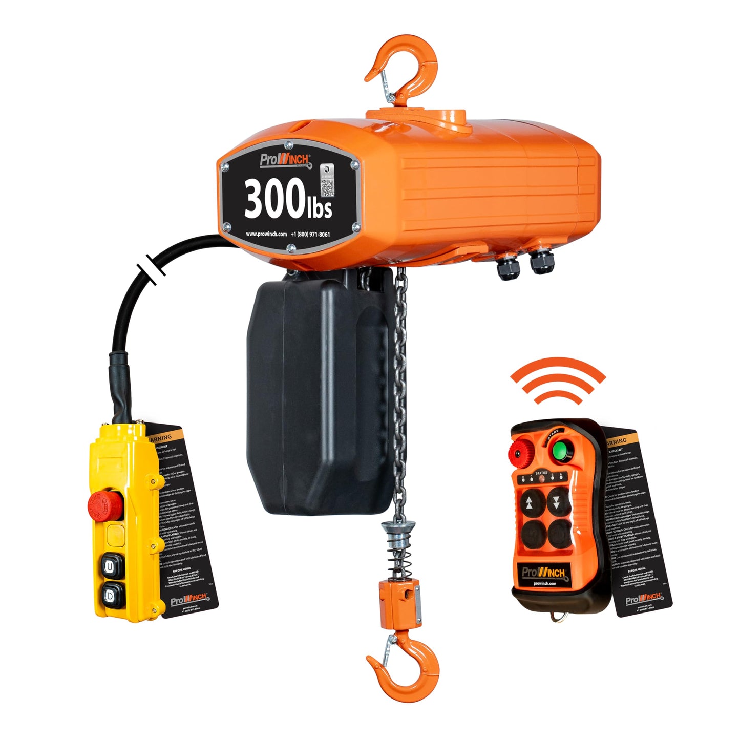 Prowinch Portable Electric Hoist - 300 lbs Electric Chain Hoist with Wireless Remote Control, 20 ft Lifting Height, Single-Phase Dual Voltage 100-240V, G100 Chain, Overhead Crane, 1 Speed